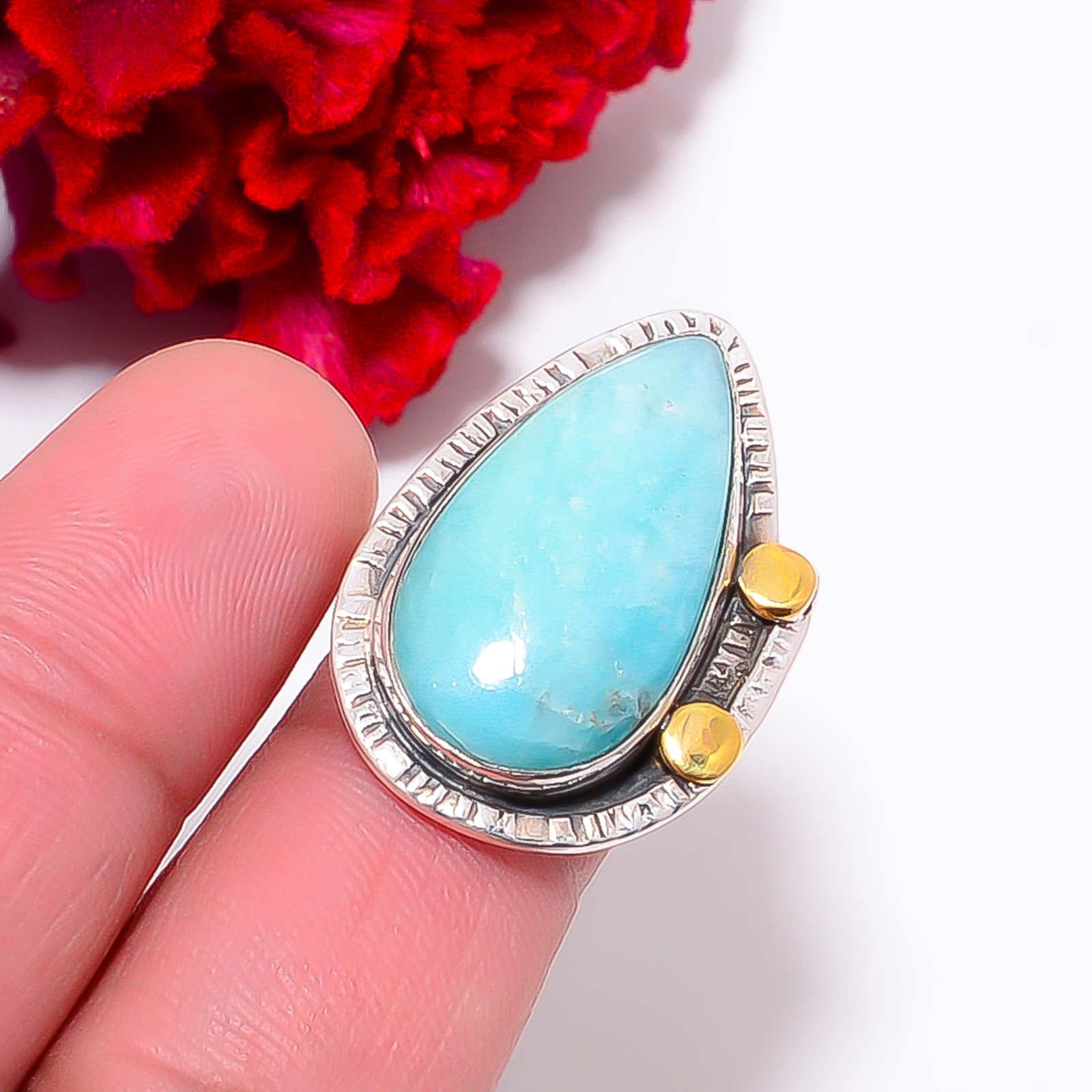 Amazonite – Peru Two Tone Designer Gemstone 925 Sterling Silver Ring S.9 R98236