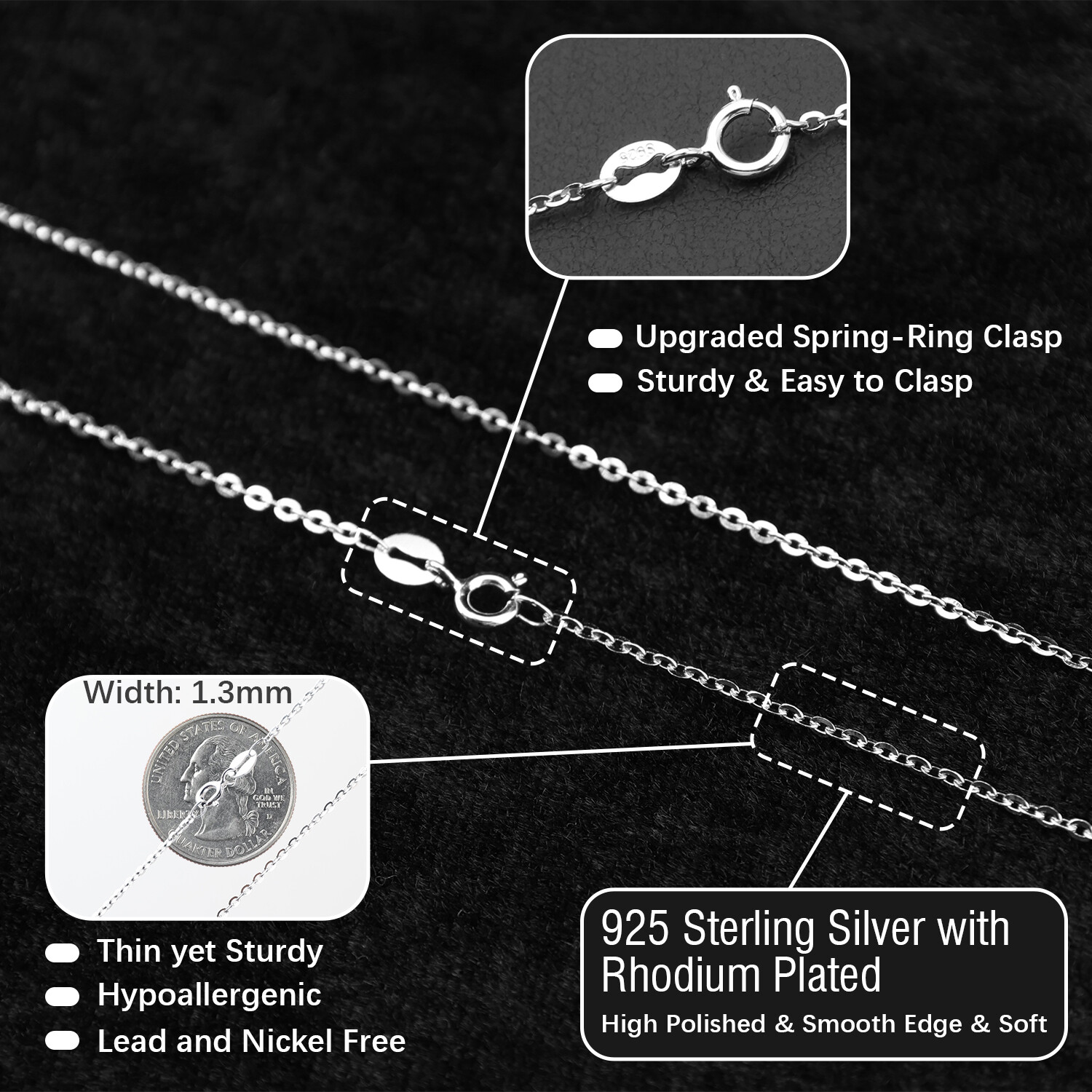 1.3/1.5mm Real Solid 925 Sterling Silver Women Necklace Italy Valentine’s Day US