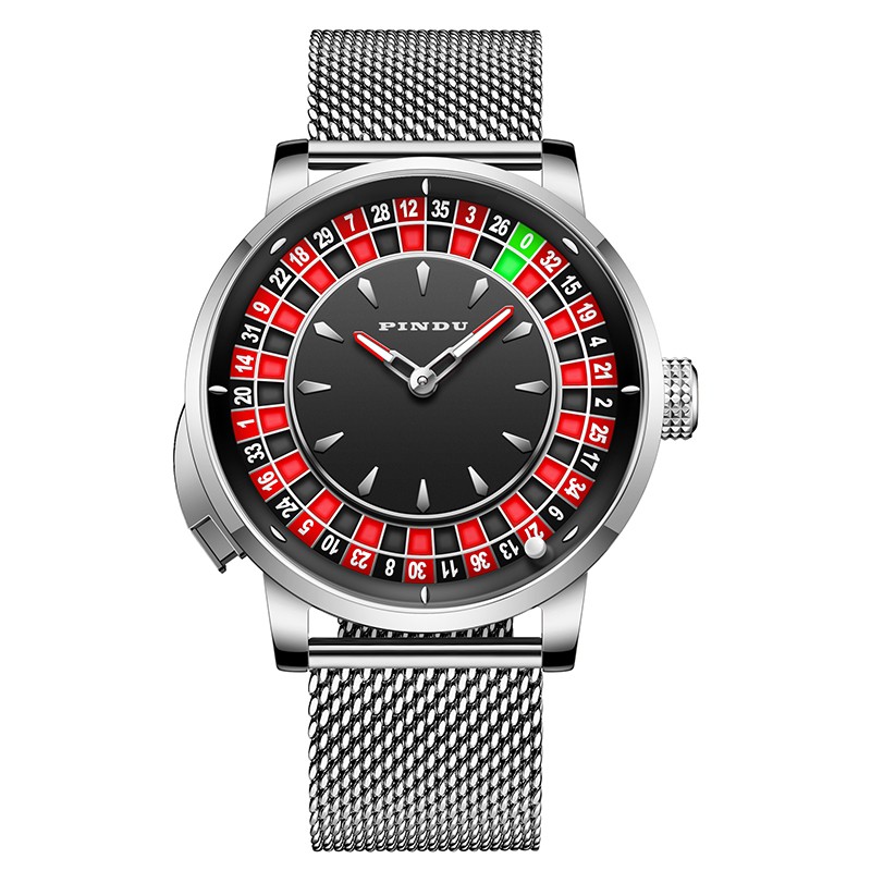 PINDU Men’s mechanical SILVER roulette button waterproof watch luxury fashion