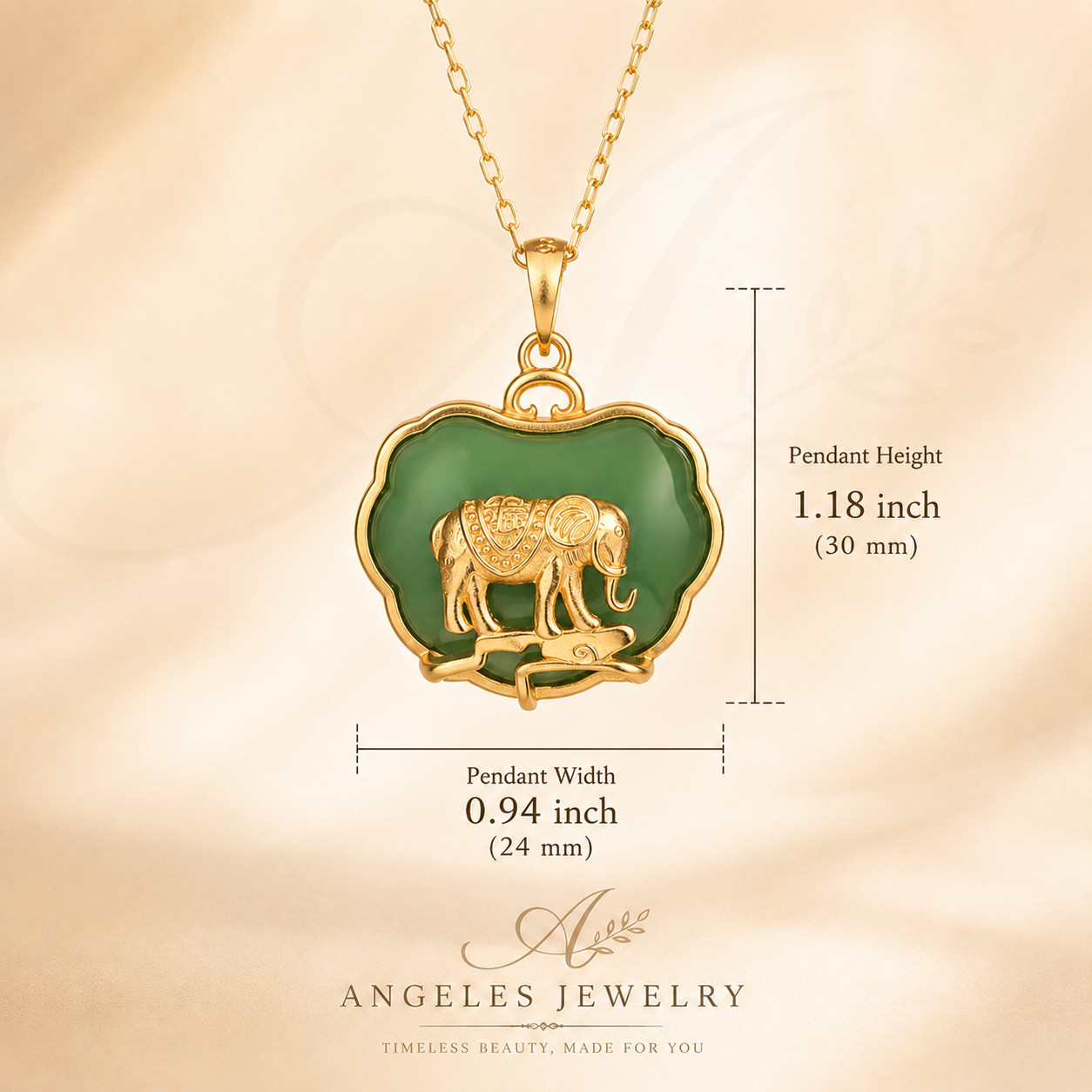 Jade Elephant Pendant Necklace Charm 18K Gold Plated Chain Retro Dainty Gemstone