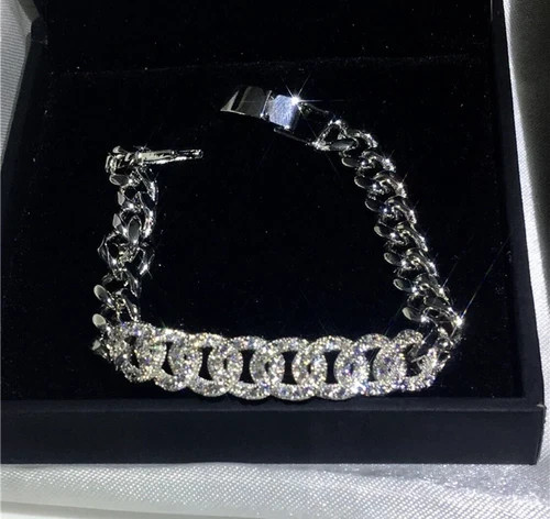 18K White Gold Filled Cuban Link Chain Bracelet made Simulated Diamond 7”