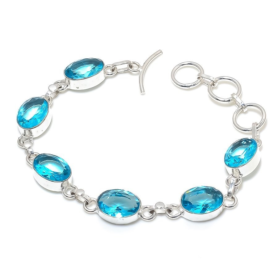 Swiss Blue Topaz Gemstone Handmade 925 Sterling Silver Jewelry Bracelet Sz 7-8″