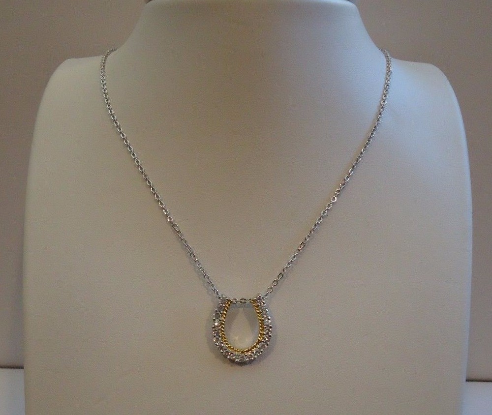 STERLING SILVER HORSE SHOE NECKLACE PENDANT W/ LAB CREATED DIAMOND 19MM BY 16MM