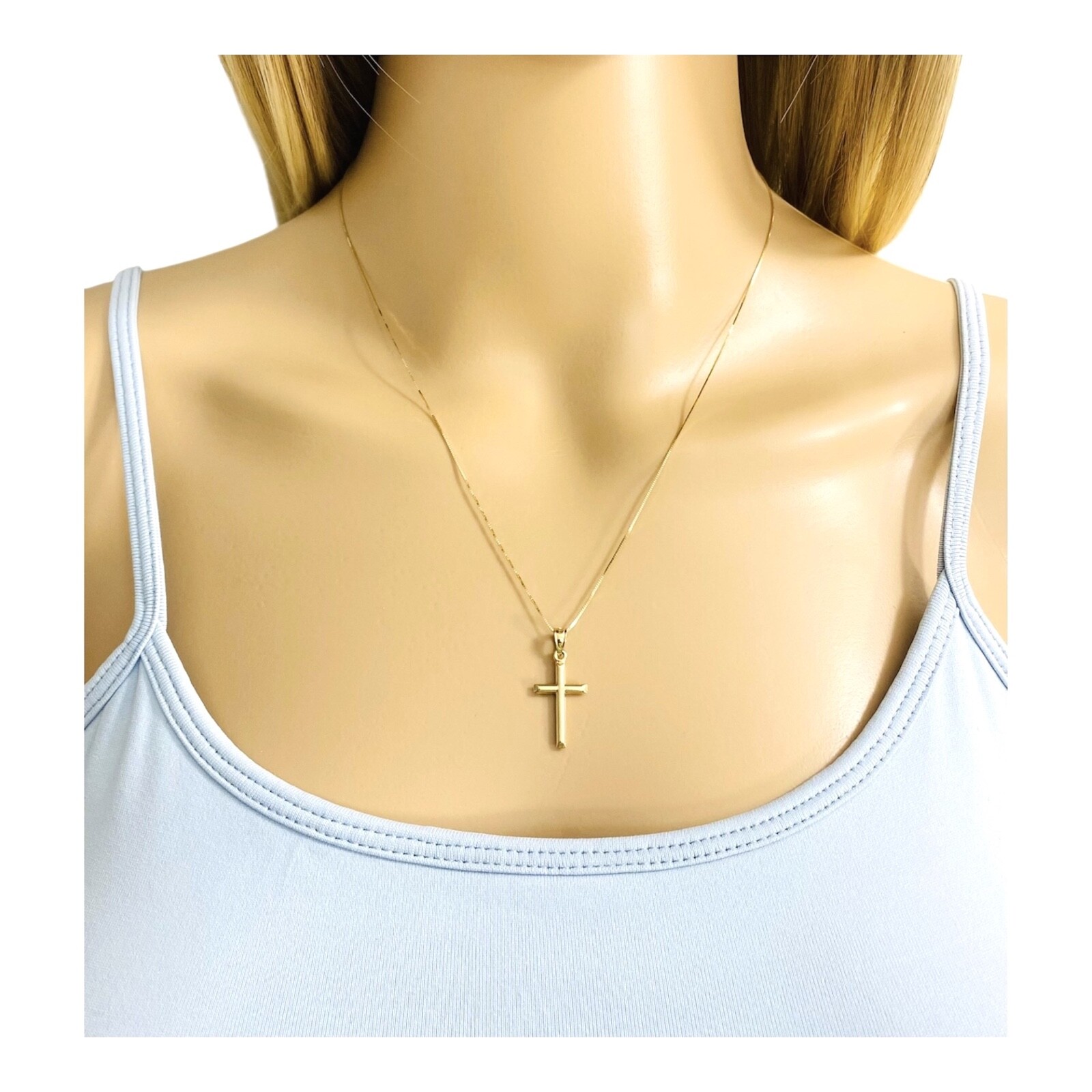 14K Solid Yellow Gold Cross Pendant Necklace-0.5mm Box Chain- Small Cross- C3623