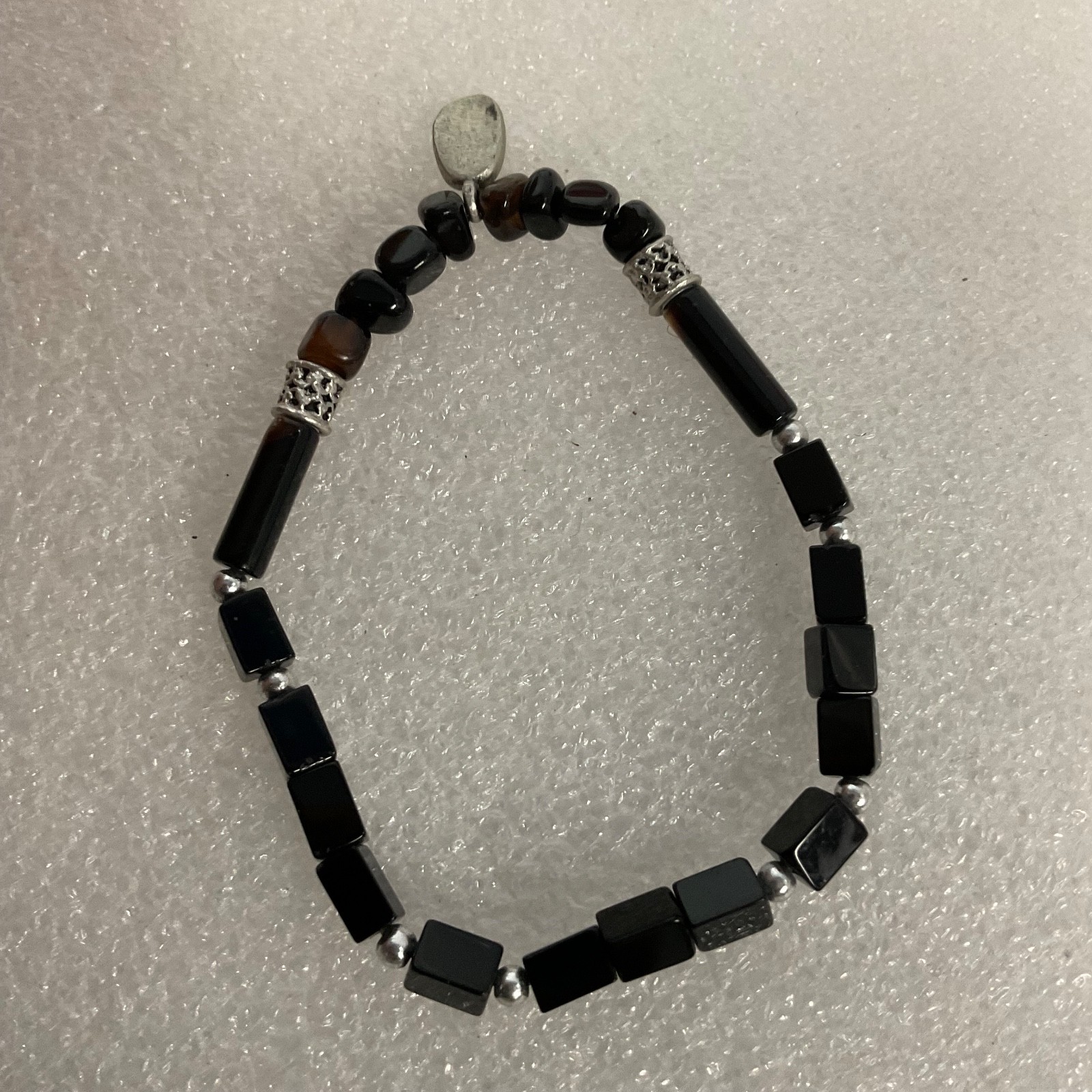 6in & 6.5in Black Beaded Bracelet Pair Silver Tone Stretch Jewelry Set