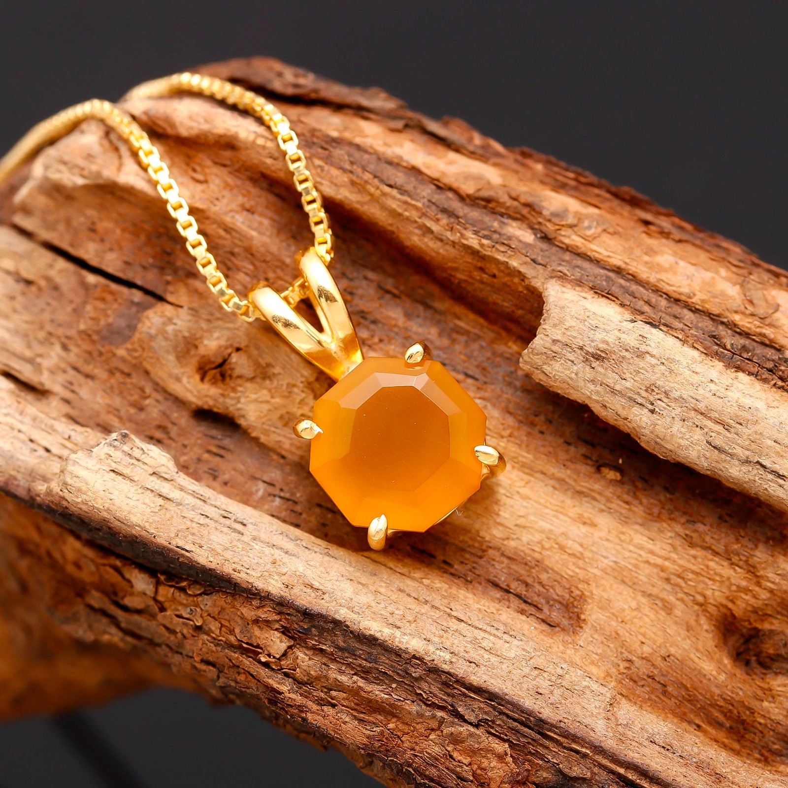 Natural Yellow Chalcedony Octagon Chain Pendant Gold Fill Solid Silver Jewelry