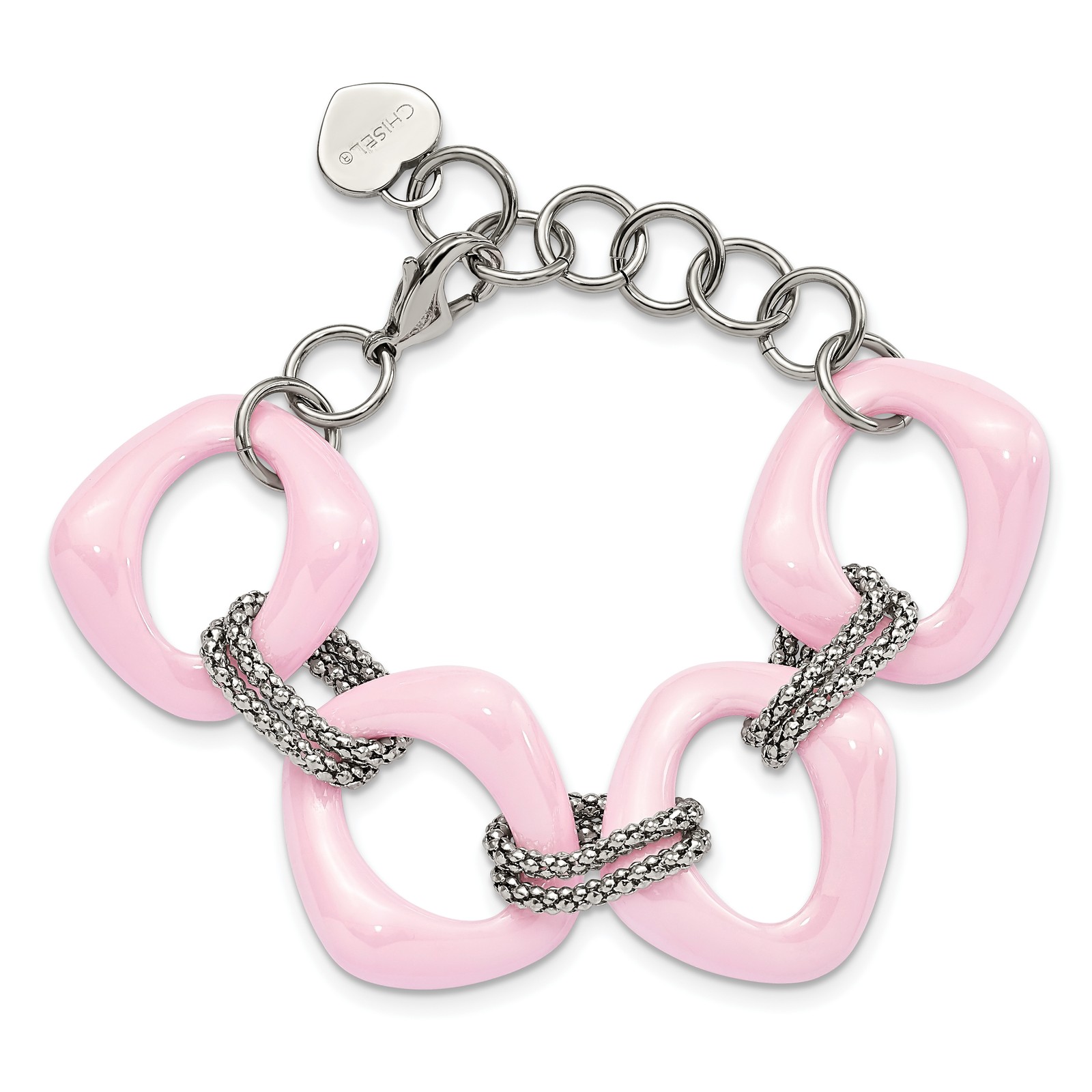 Chisel Stainless Steel Polished with Pink Ceramic 8 inch Open Link Bracelet SRB5