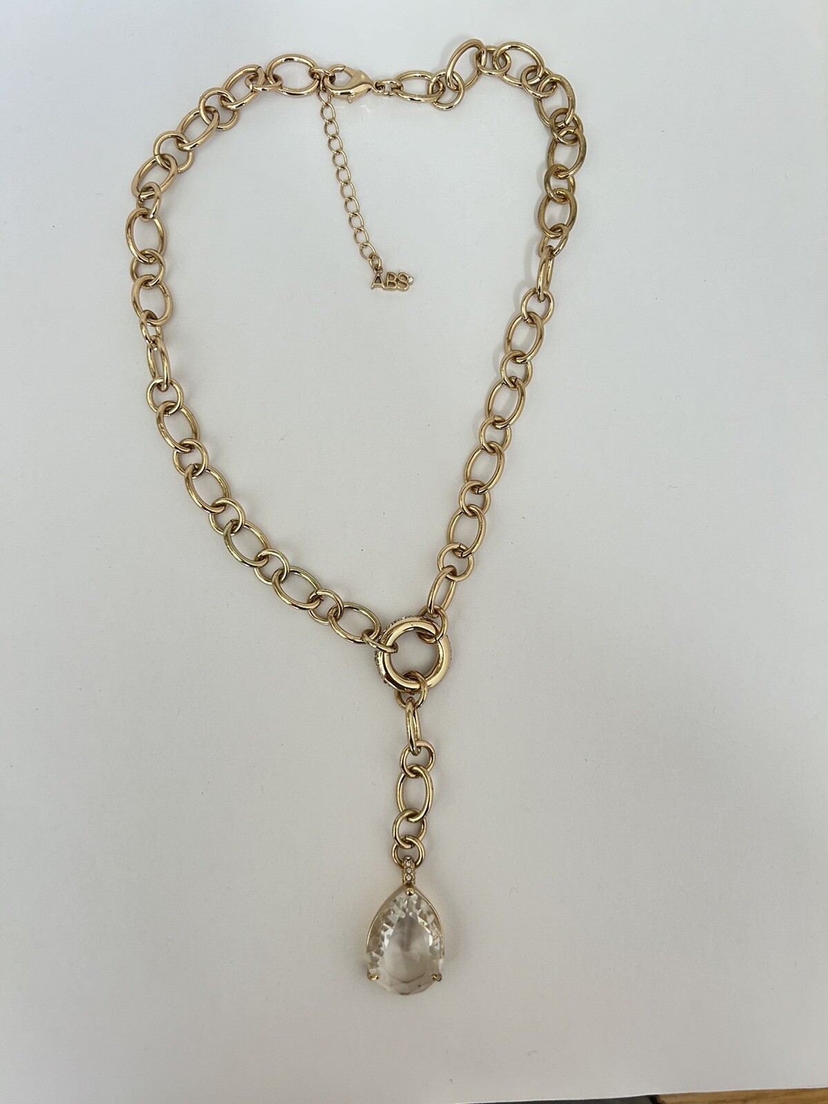 Signed ABS Allen Schwartz Gold Tone Chain Crystal Pendant Necklace B11