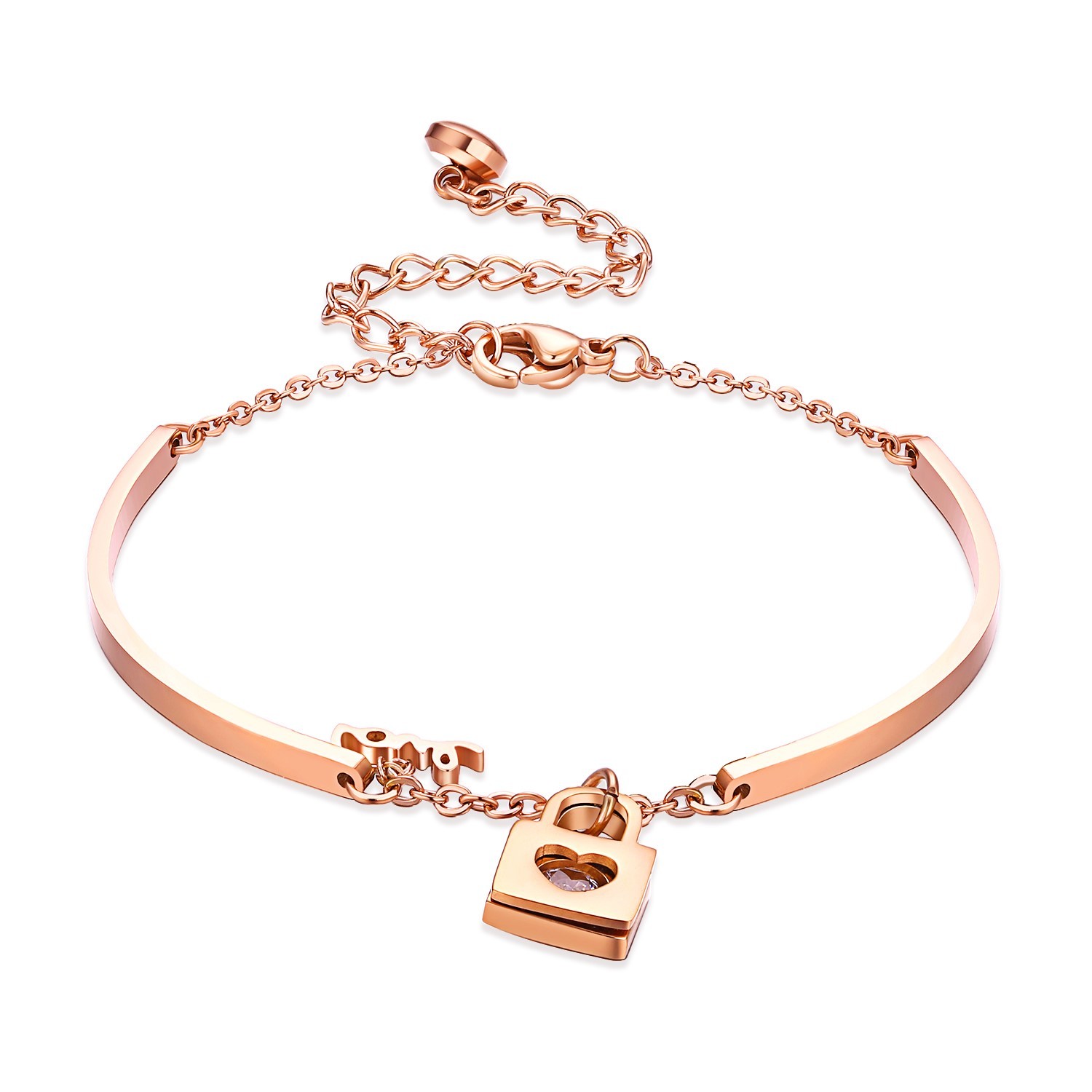 Stainless Steel Rose Gold 0.25 Carat CZ Heart Lock & “Love” Bracelet