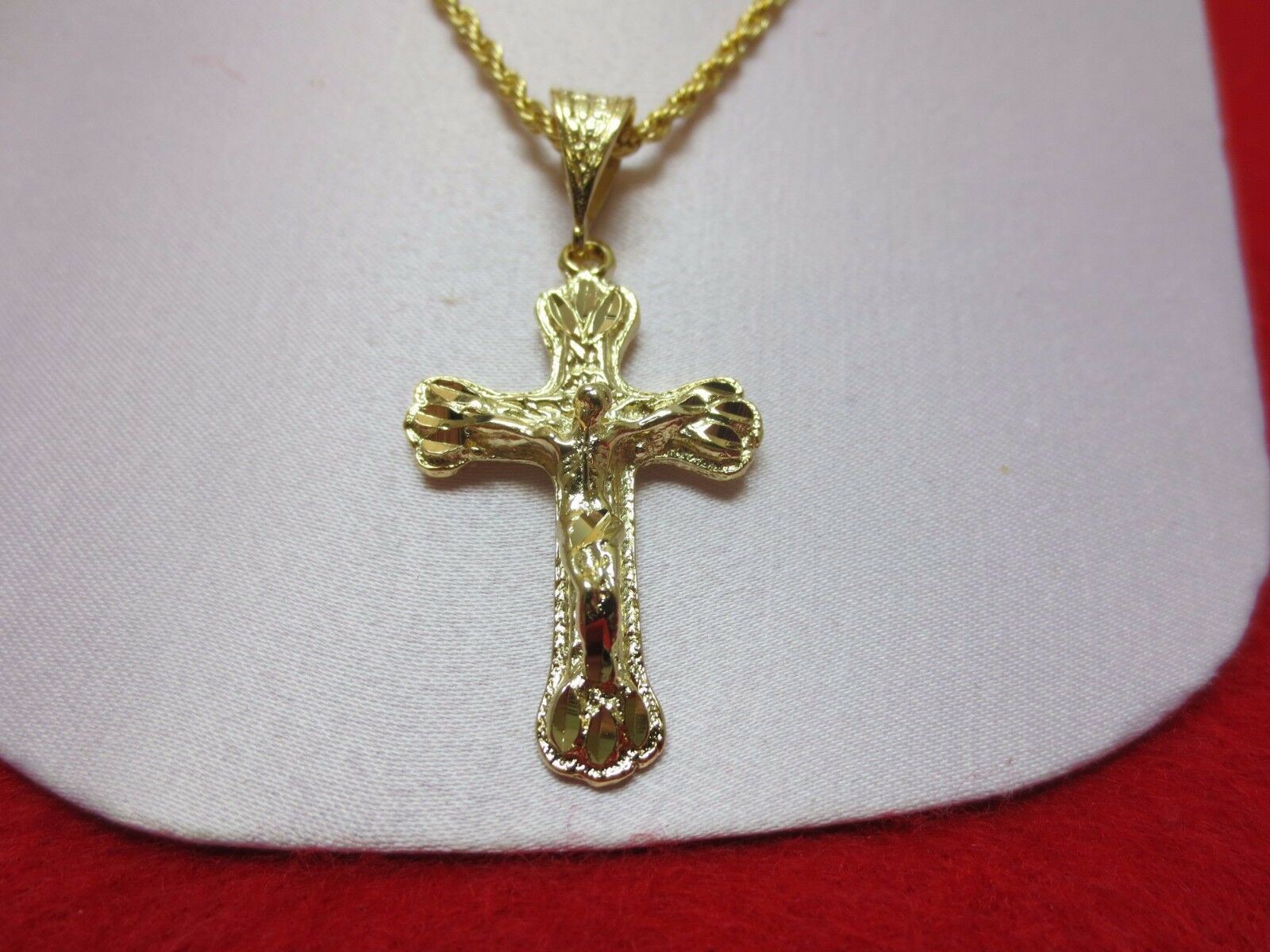 14 KT GOLD PLATED 2″ CRUCIFIX CROSS & 16″-30″ 2.5 MM ROPE CHAIN SET-3065