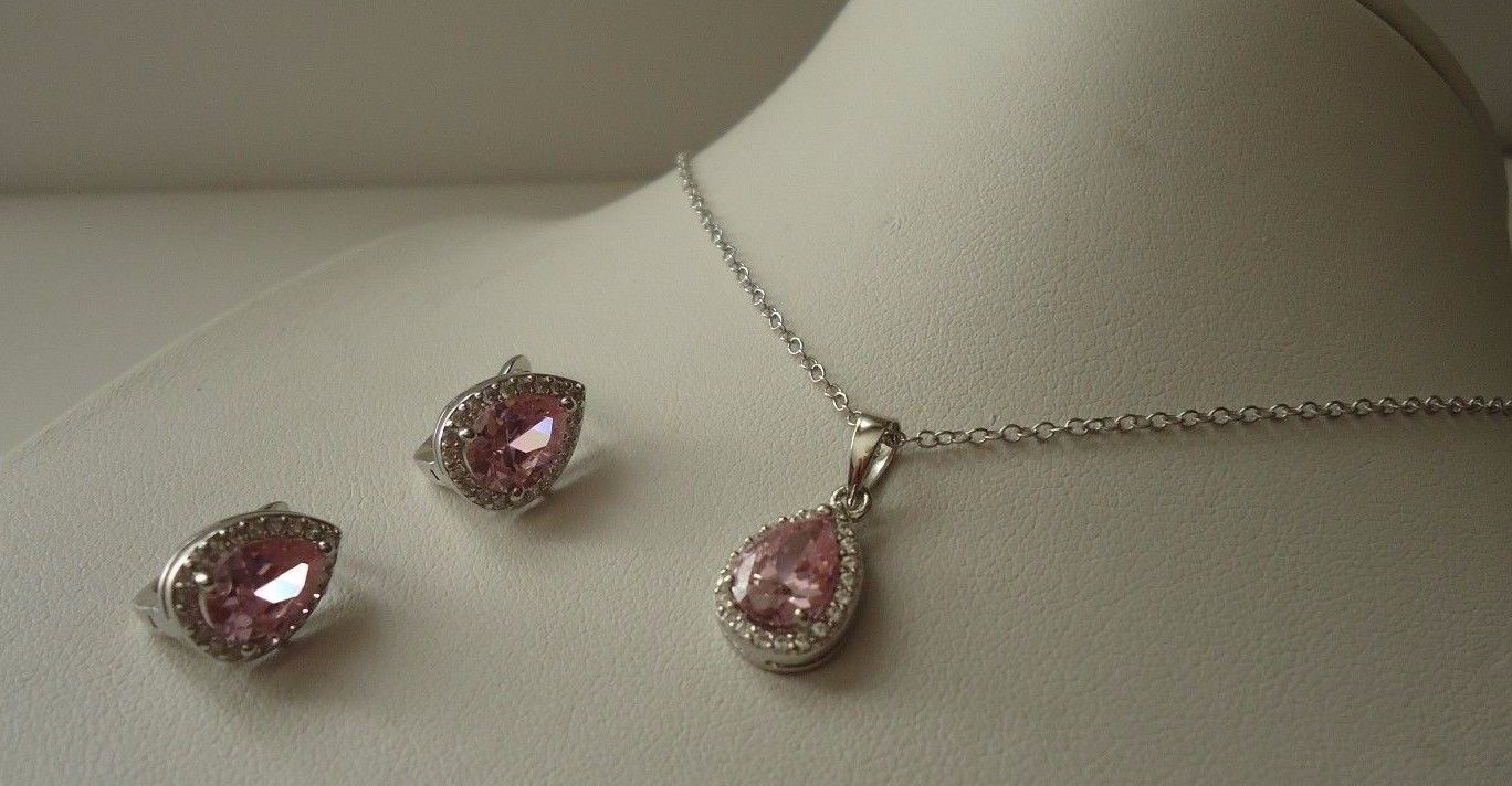 PENDANT & EARRING SET 7.20 CT PINK/ WHITE LAB CREATED DIAMONDS STERLING SILVER