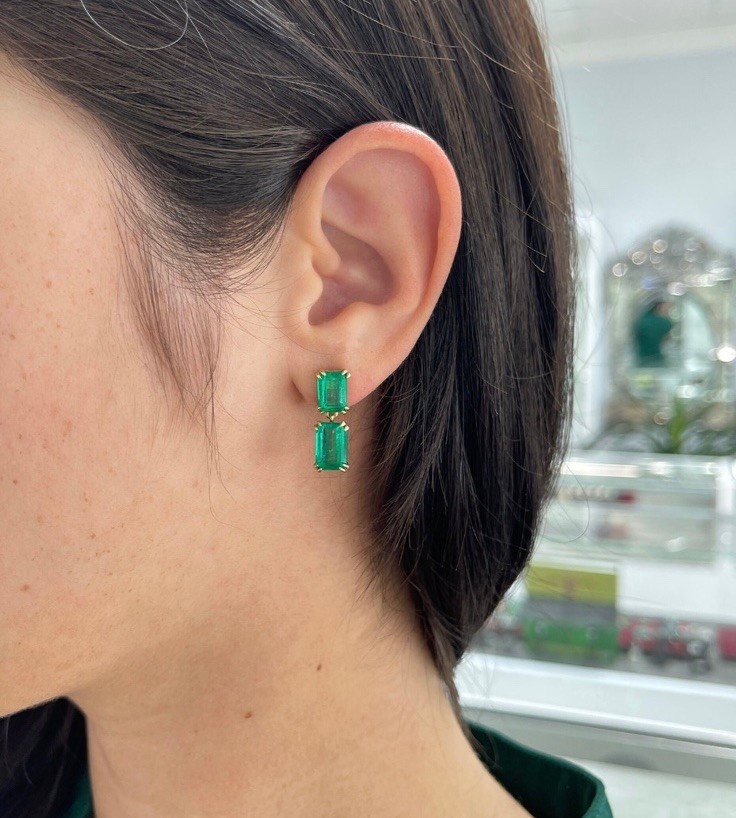 14k Solid Yellow Gold Natural Emerald Earrings Drop Dangle Emerald Earring