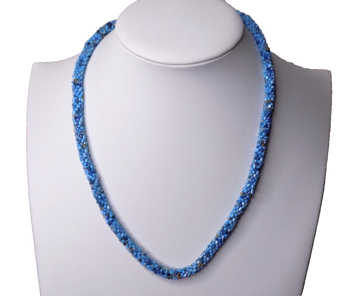 Vintage Nepal Potay Necklace Blue Glass Seed Bead Toggle Closure 17″ to 18″ Long