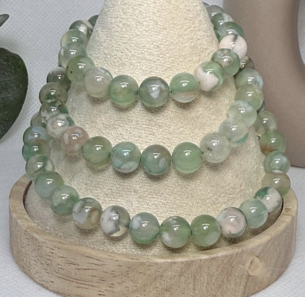 Flower Agate Green Triple Bracelet 7.6MM