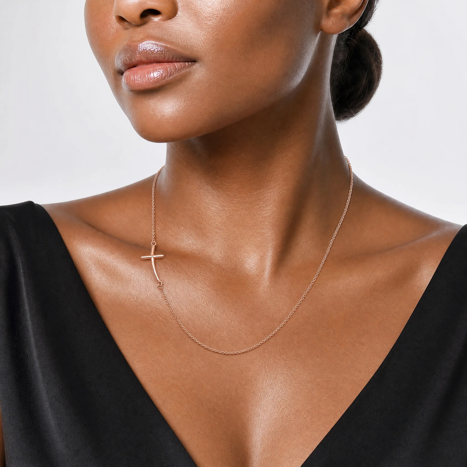 Sterling Silver Rose Gold-Plated Small Off-Set Sideways Curved Cross Necklace