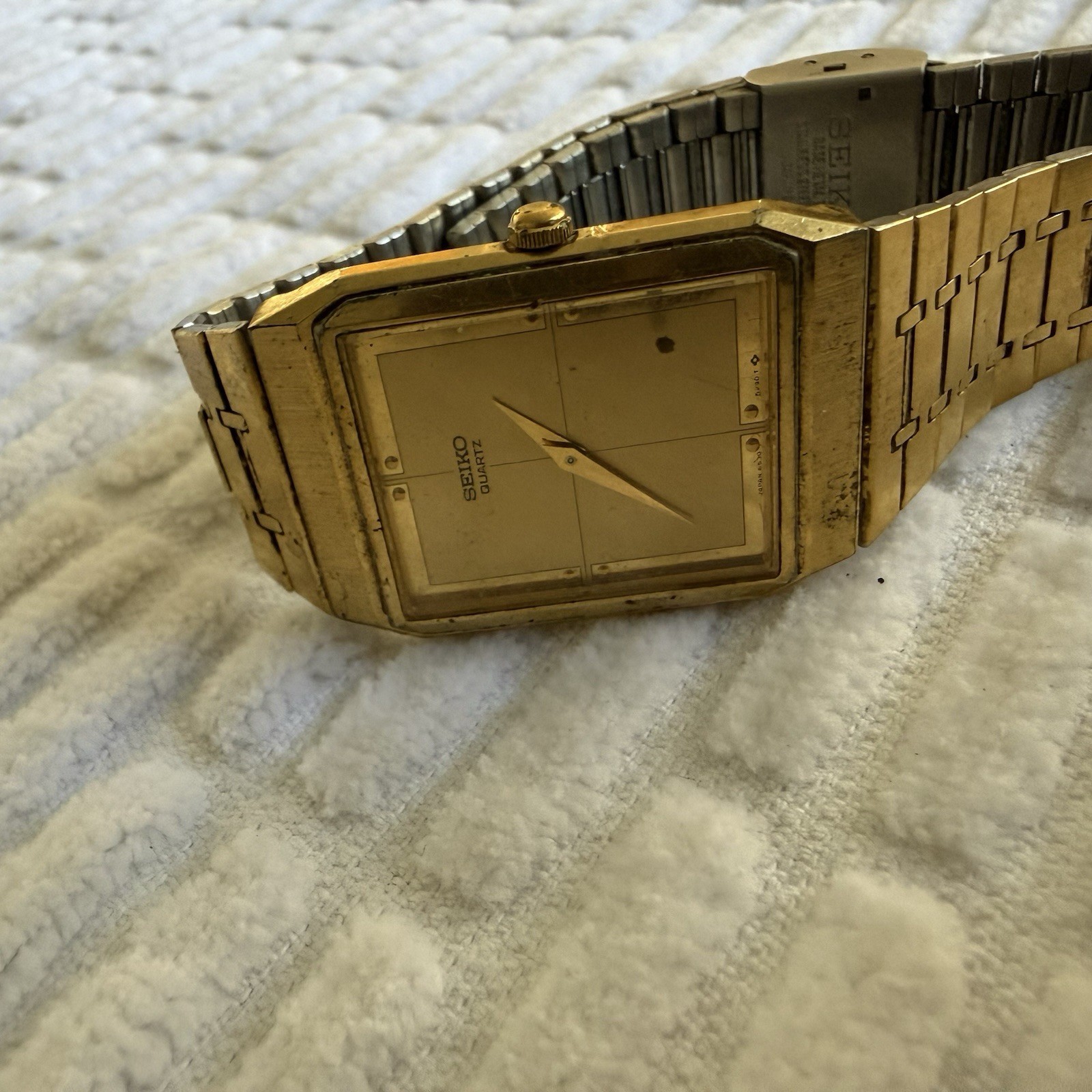 Seiko Quartz Rectangular Dress Watch Gold Dial Stick, Gold/Silver Bracelet