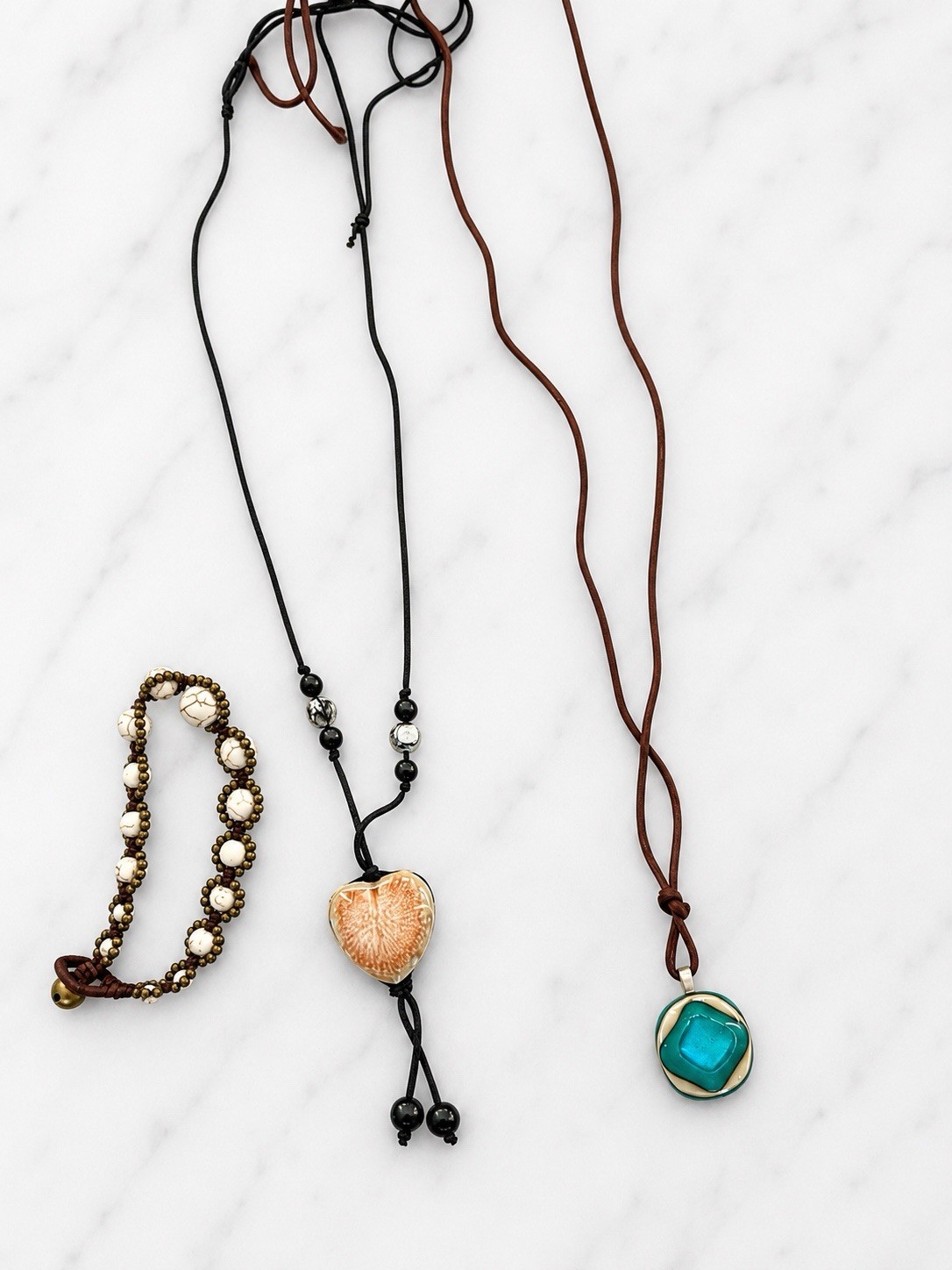 Lot 2 Adjustable Cord Pendant Necklaces Turquoise Round Bezel + Beaded Bracelet