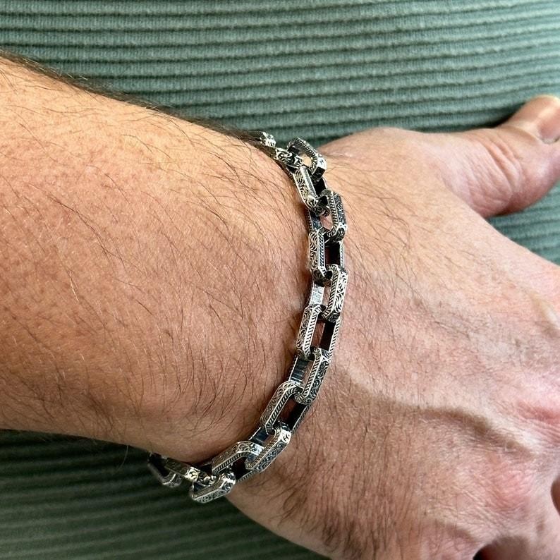 Mens 925 Sterling Silver Oxidized Curb Chain Bracelet Hand Engraved Jewelry