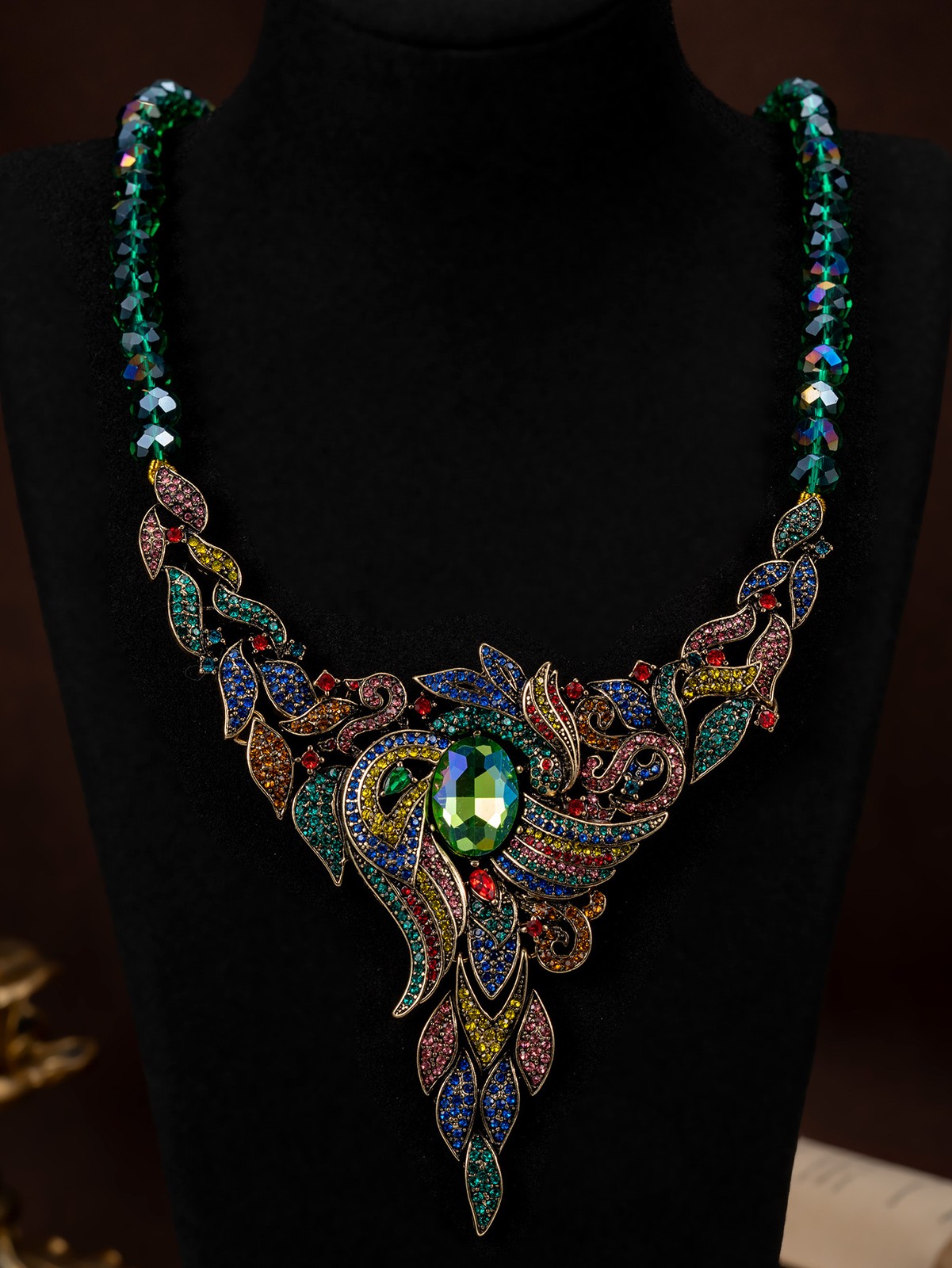 Vintage Handbeaded Multicolor Rhinestone Bib Necklace and Earrings Set for Women