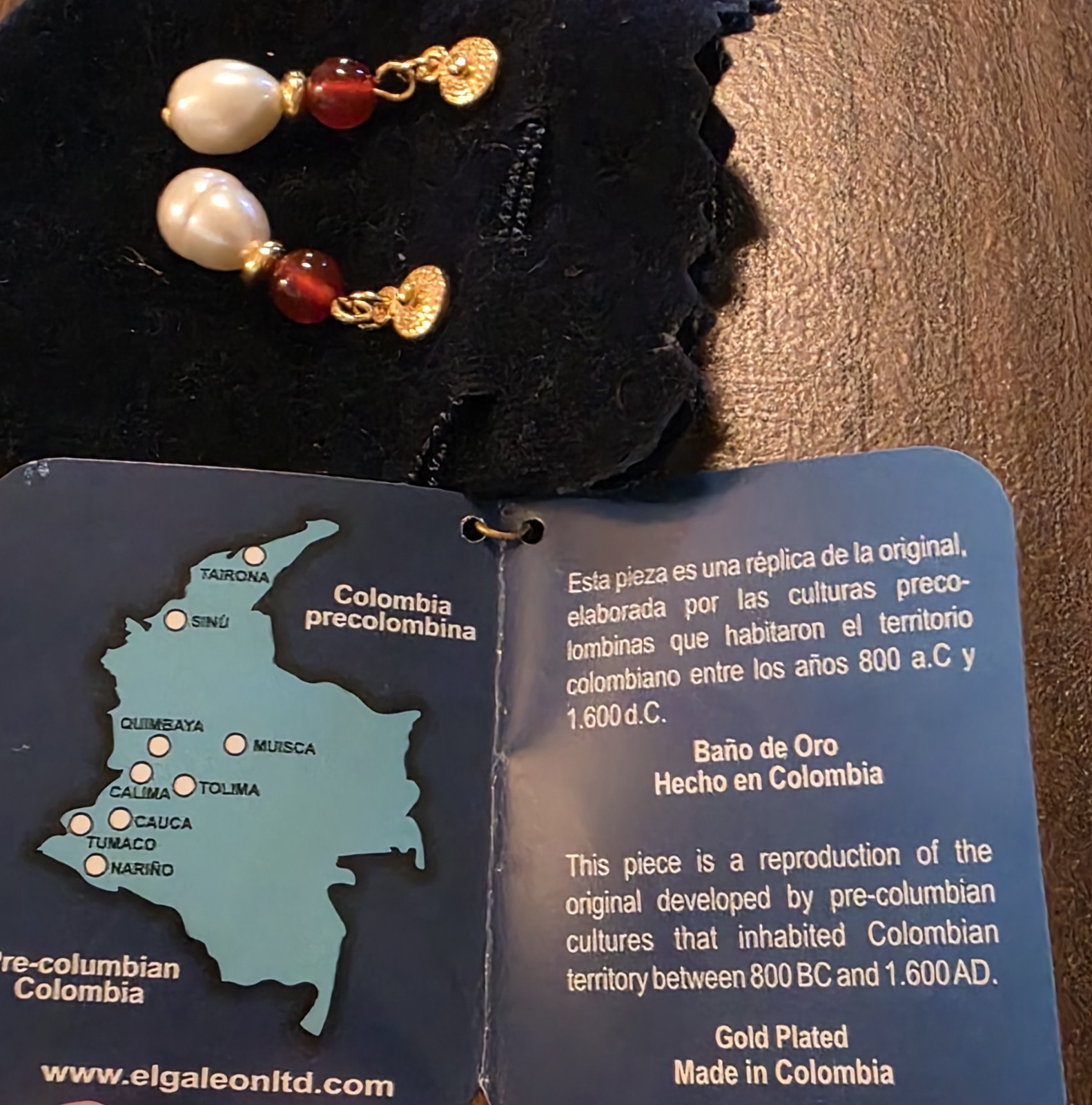 Gold Plated Earrings. Tesoro Precolombino. Colombia. Dangle Drop