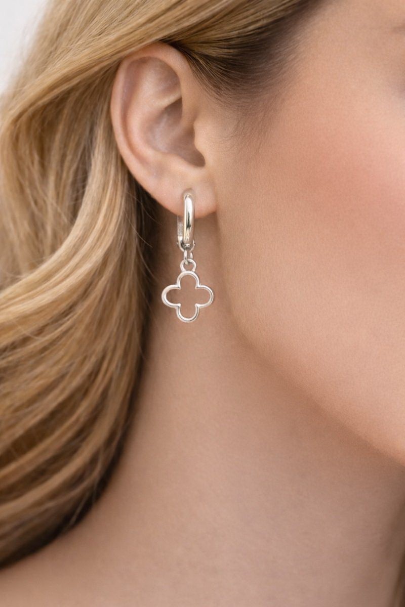925 Sterling Silver Clover Charm Hoop Earrings | Flower Drop Dangle Jewelry