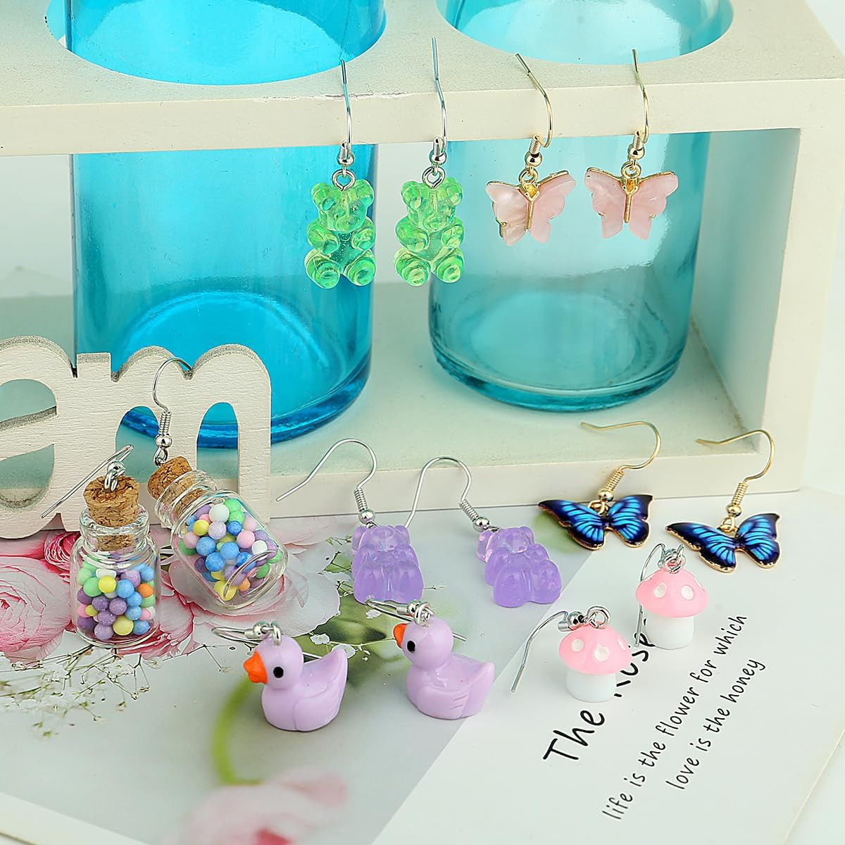 36 Pairs Weird Cute Earrings Fun Cool Mushroom Bear Flower Cat Funky Aesthetic D