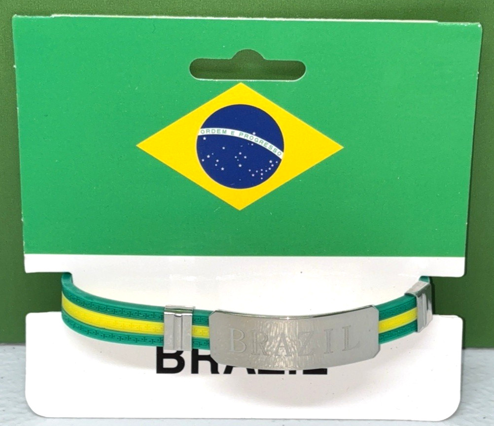 Brazil Flag Silicone Bracelet 8″ Unisex Stainless Steel Nameplate & Clasp