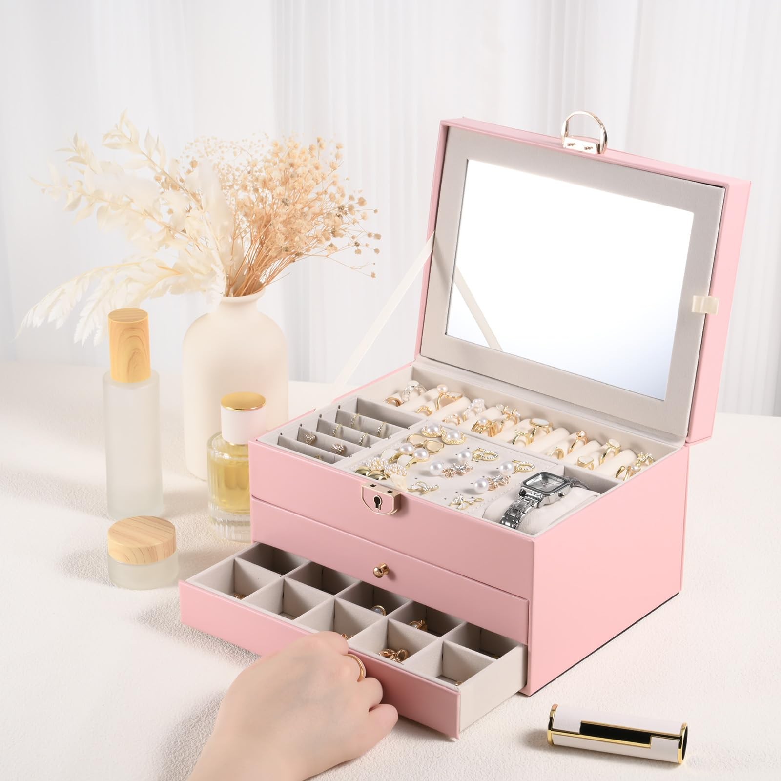 Emazerom 3 Layer Jewelry Boxes Large Holder Organizer Case with Pink