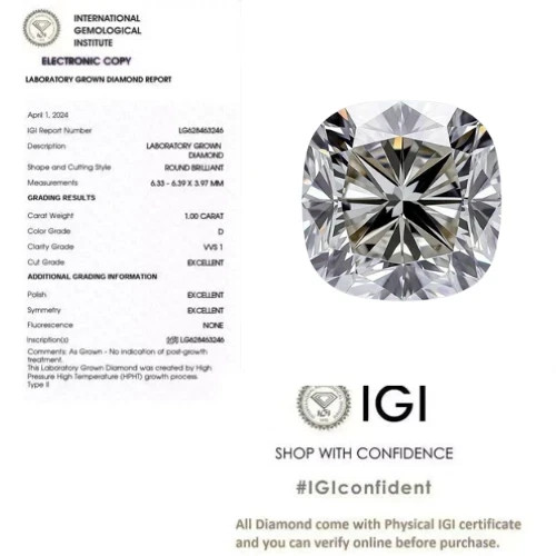 2.00 Ct Cushion Cut CVD Lab Created Diamond D/VVS2 Certified Natural Color