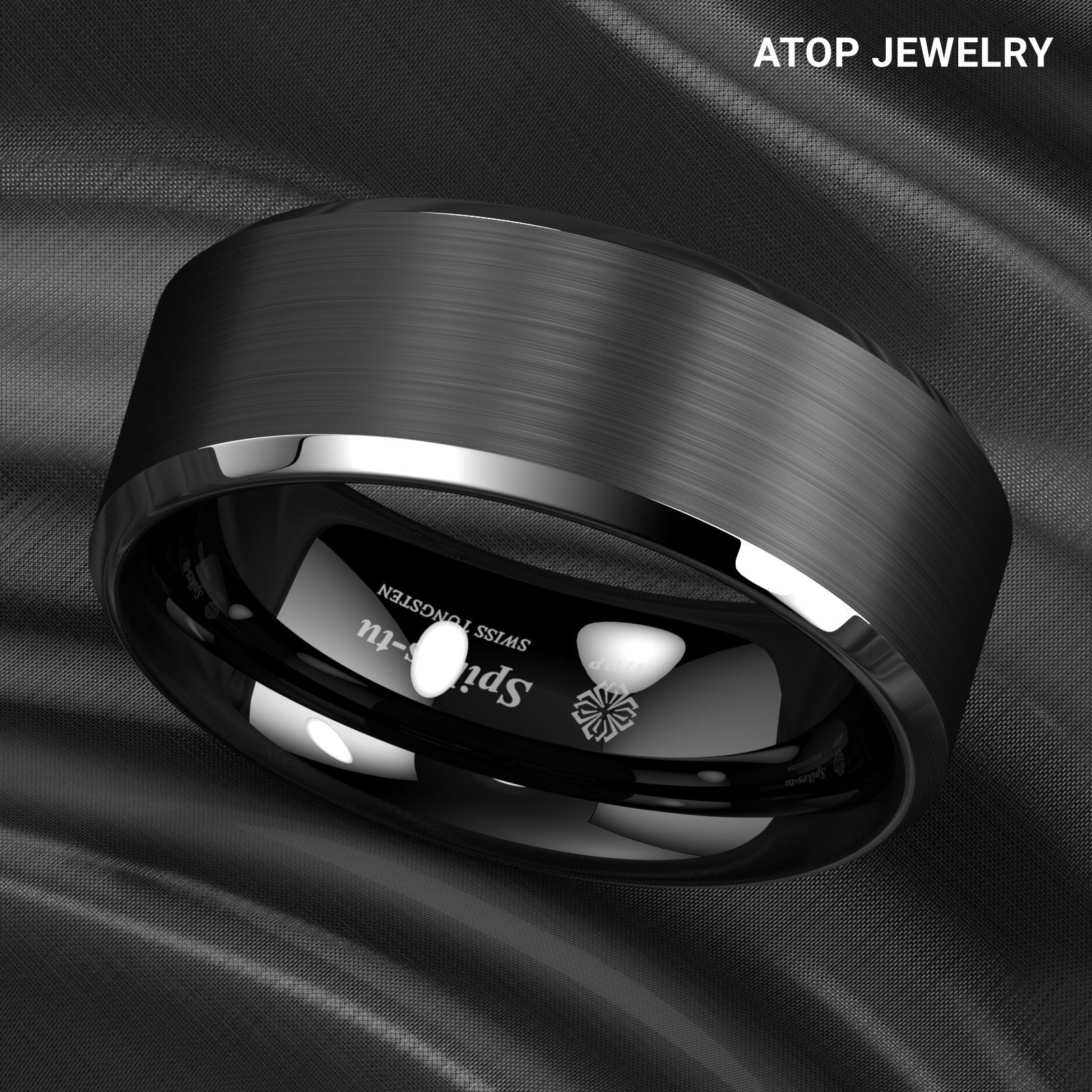 8/6mm Silver Edge Black Frosted Tungsten Ring Men Wedding Band ATOP Jewelry