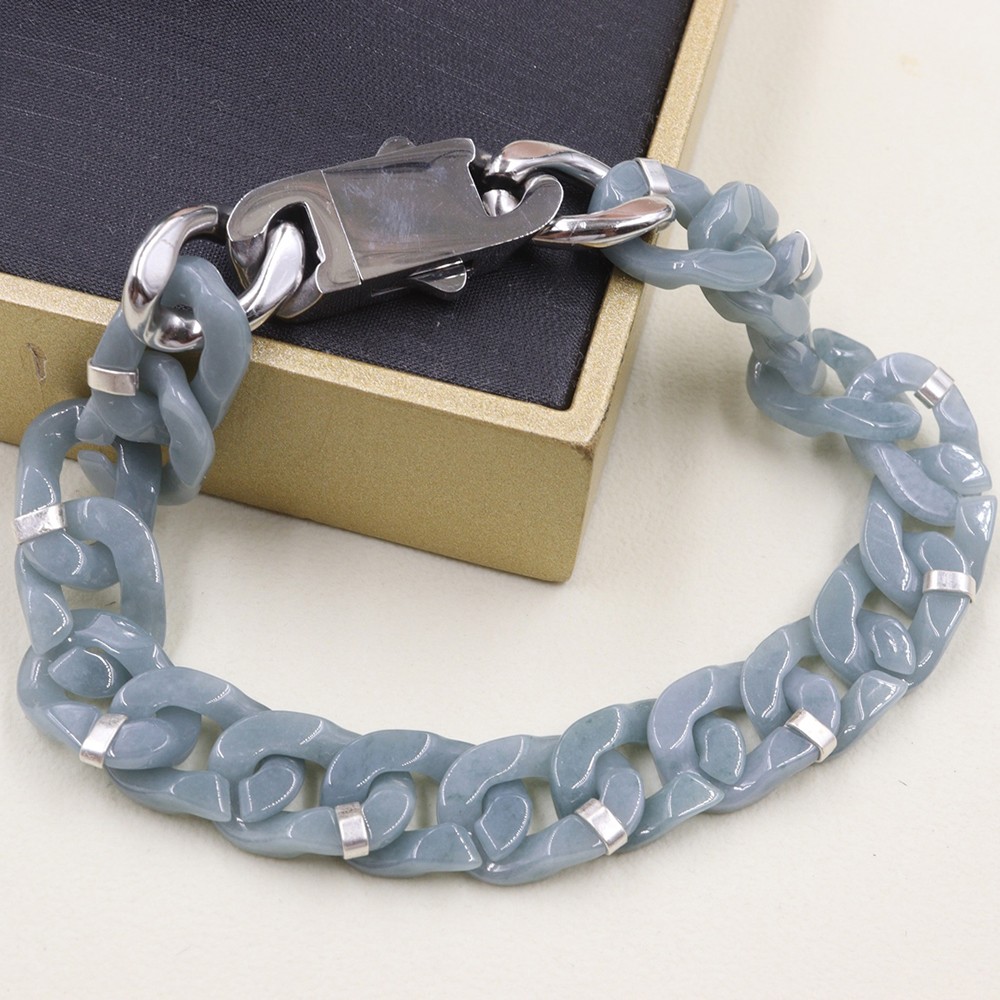 Real Grade A Natural Blue Jade Jadeite Cuban Curb Link Bracelet 5.9-8.3inch