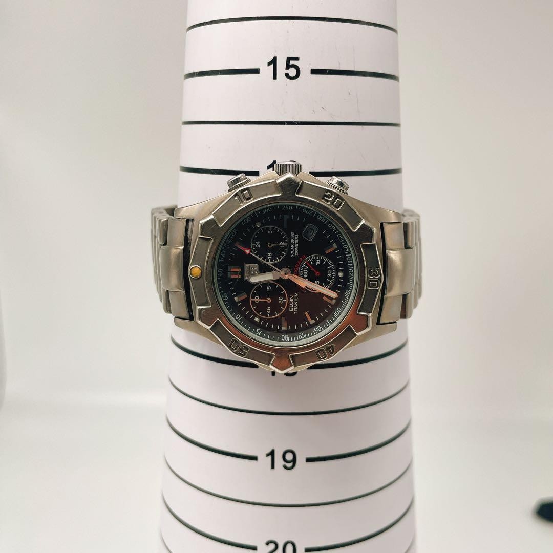 Elgin Solar Chronograph Titanium Silver Vintage Men’s Watch Japan 075828