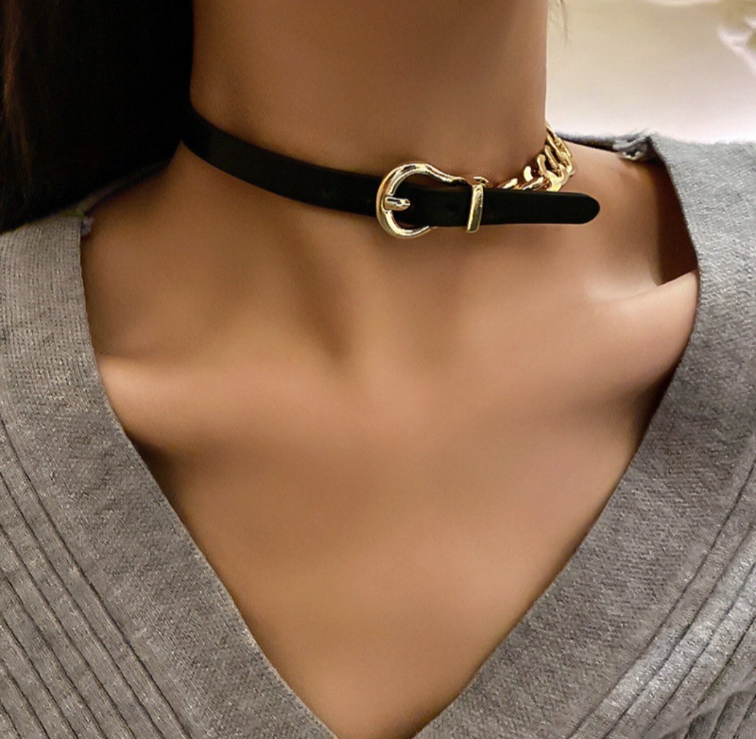 Edgy Leather Buckle Choker Necklace Gold Chain Statement Collar