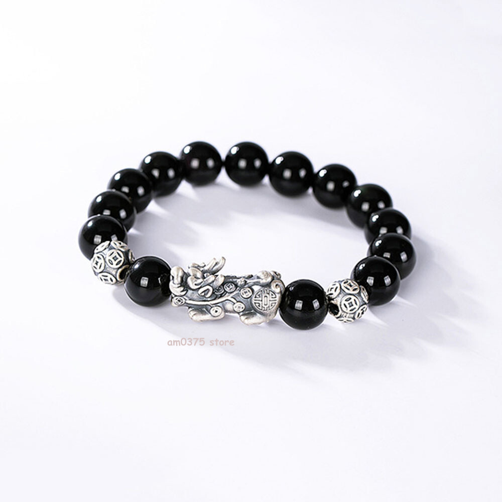 Real 999 Pure Silver Bracelet Man Women Obsidian Dragon Pixiu Beaded Link 7.1”L