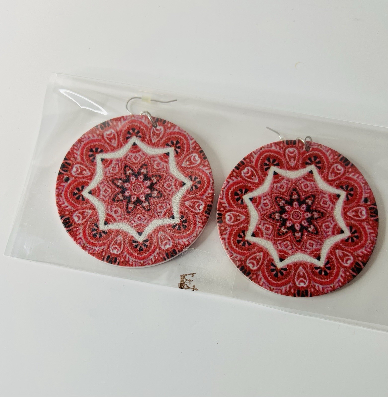 Red Mandala Pattern Round Wood Dangle Drop Earrings Hook for Lobe No Stone