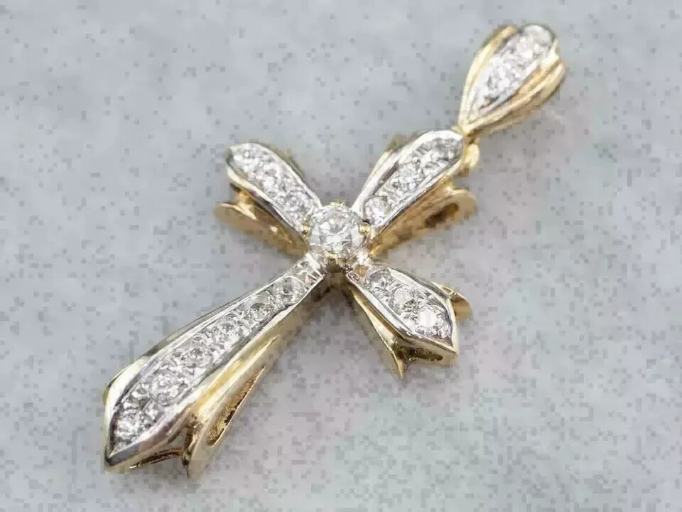 1.10Ct Round Cut VVS1/D Diamond Cross Pendant 14K Yellow/White Gold Over