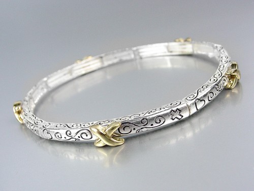CLASSIC Designer Thin 4mm Silver Filigree Gold X Stretch Stackable Bracelet