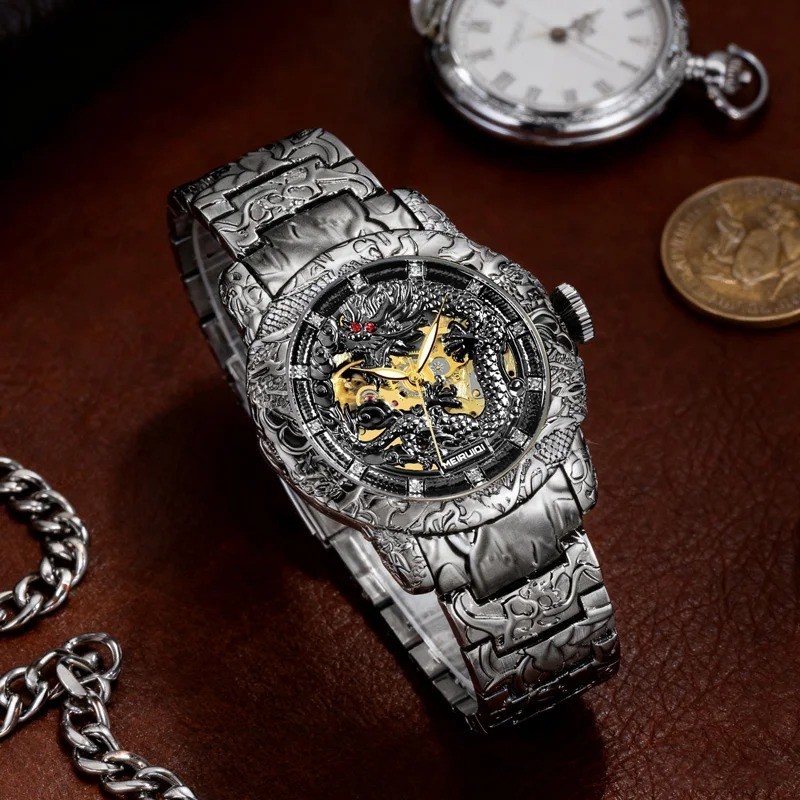 Men’s Black and Gold Dragon Automatic Mechanical Watch