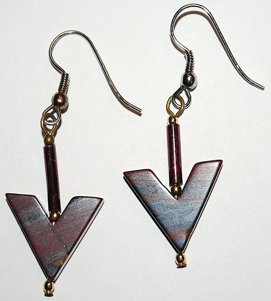 Hand Carved POLISHED ARROW POINTS Drop Dangle Earrings RED JASPER W PYRITE VEINS