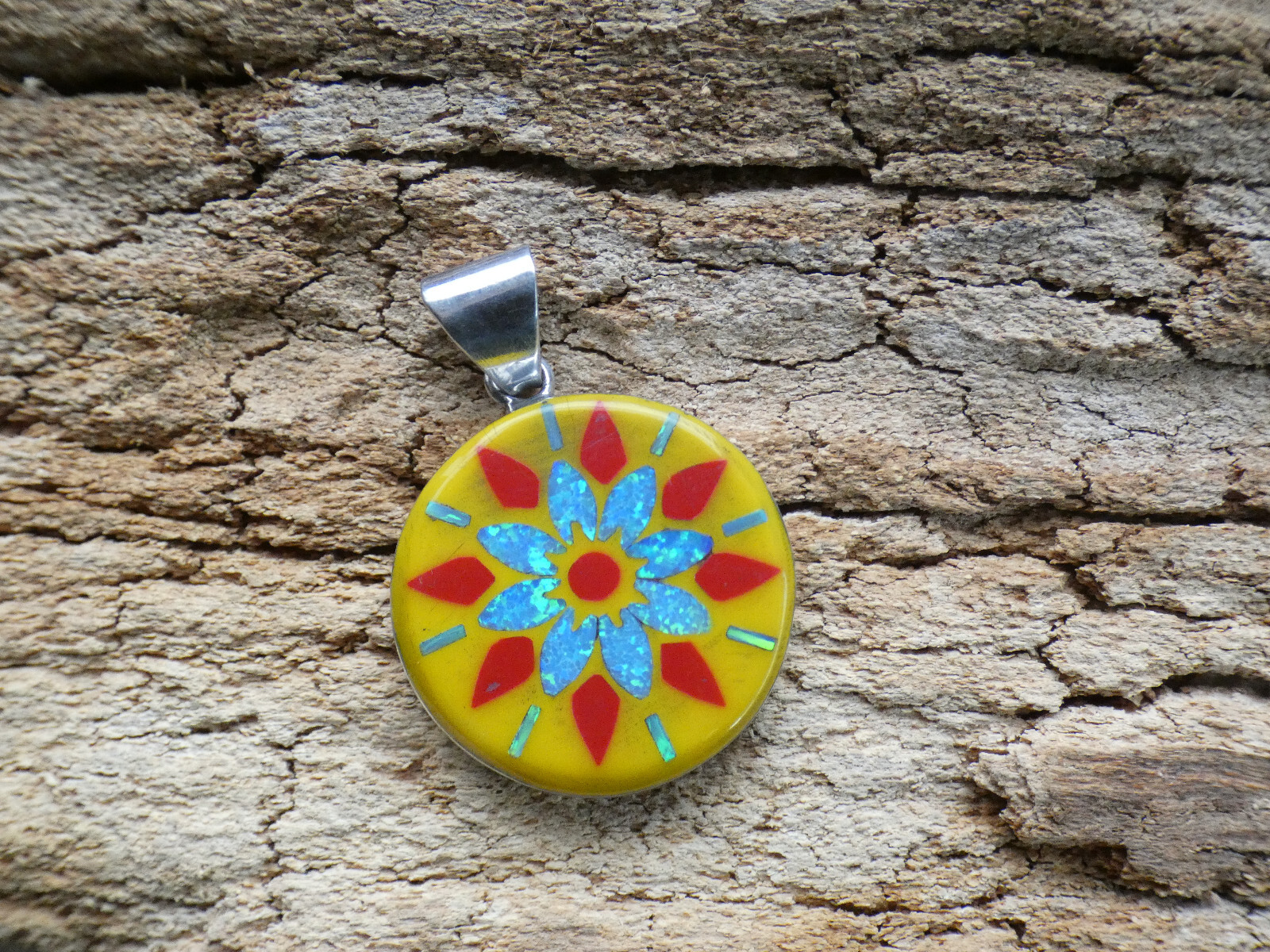 Yellow Flower Burst Gemstone Opal Aluminum Sterling Silver Alloy Pendant AK81