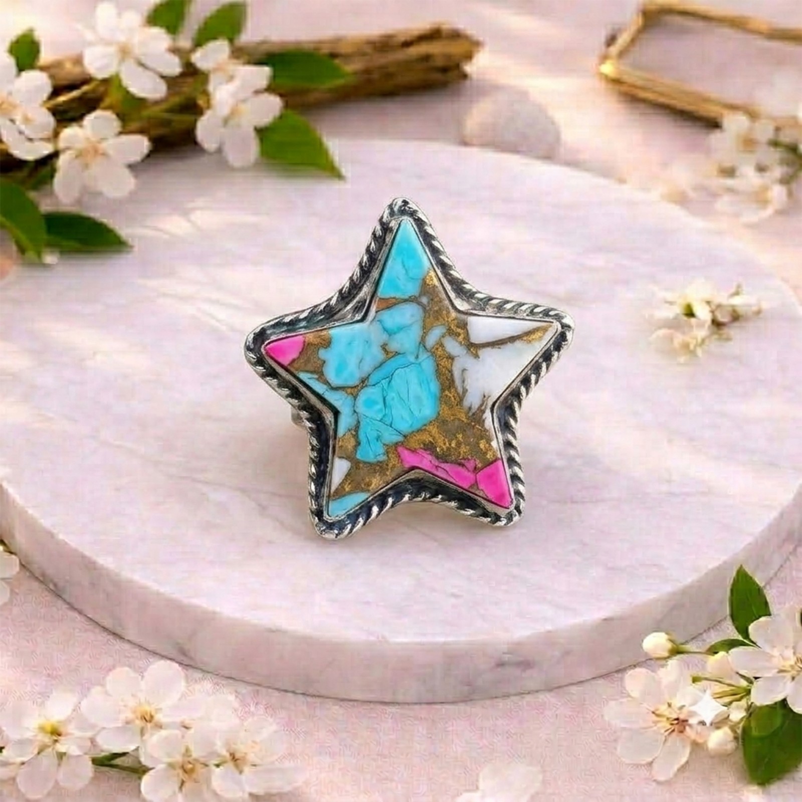 Cotton Candy Turquoise Star Ring Silver Boho Handmade Women’s Rings MR008