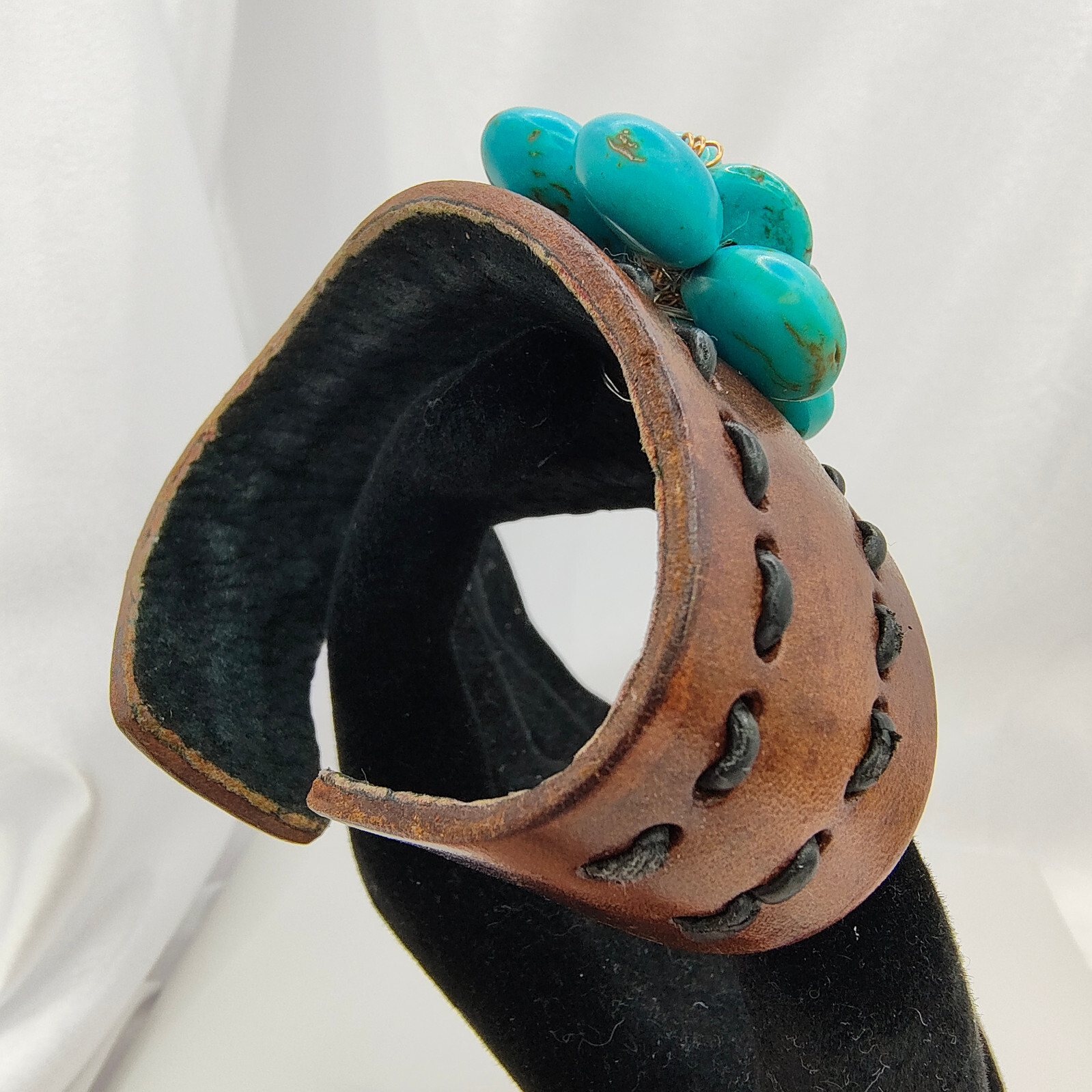 Leather Faux Turquoise Flower Cuff Bracelet Bohemian Ecclectic Statement