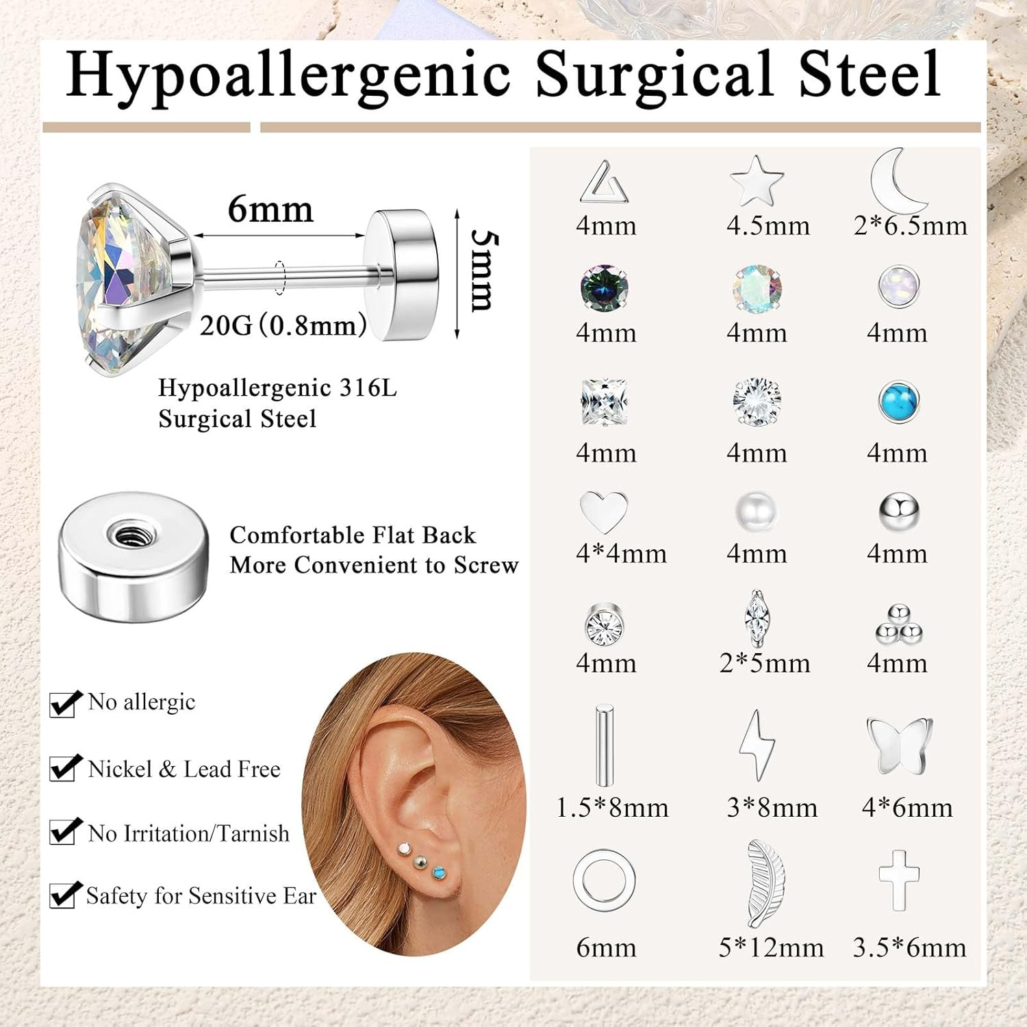 21 Pairs Hypoallergenic Flat Back Stud Earrings for Women Men Surgical Stainless