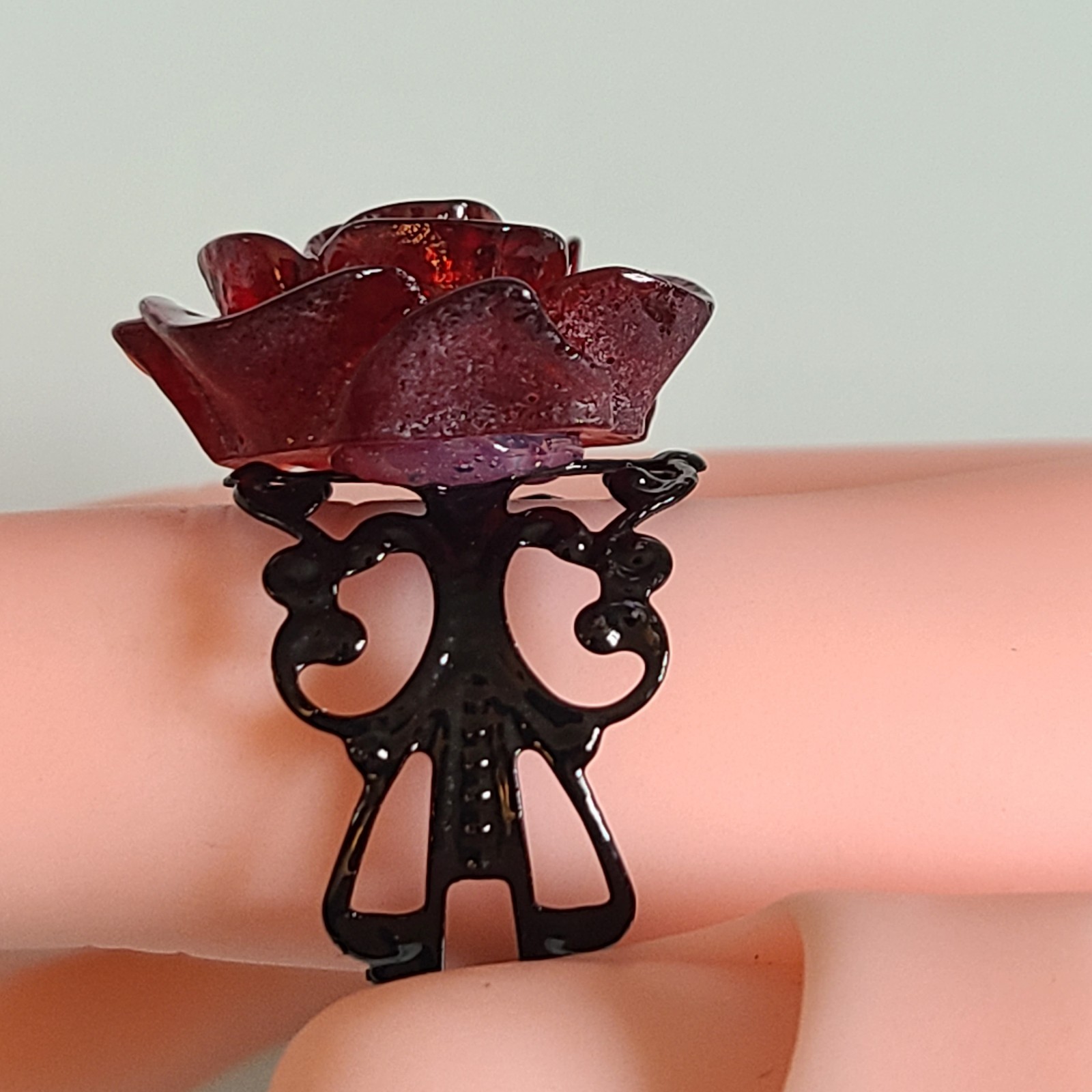 Deep Red Resin 3D Rose Ring • Black Metal Filigree Adjustable Band Gothic Style