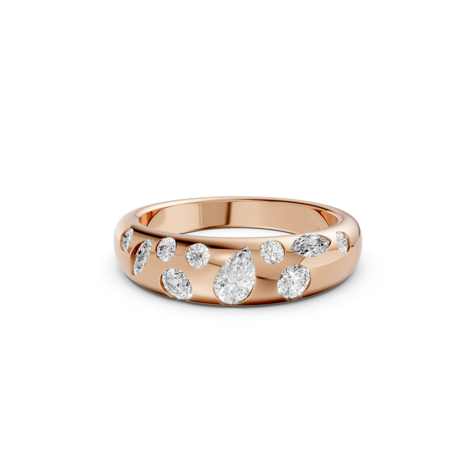 Multi Shape Lab Grown Diamond Flush Set Comfort Fit Gold Band In 14K Solid Gold
