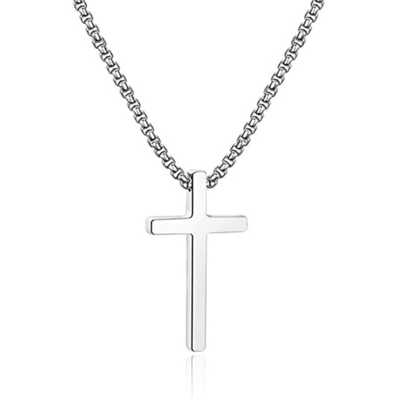 Cross Necklace for Men,Silver Stainless Steel Plain Cross Pendant Necklace