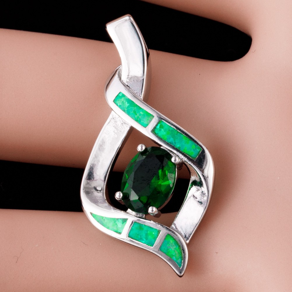 6×8 Simulated Emerald Green Fire Opal Silver Filled Jewelry Necklace Pendant