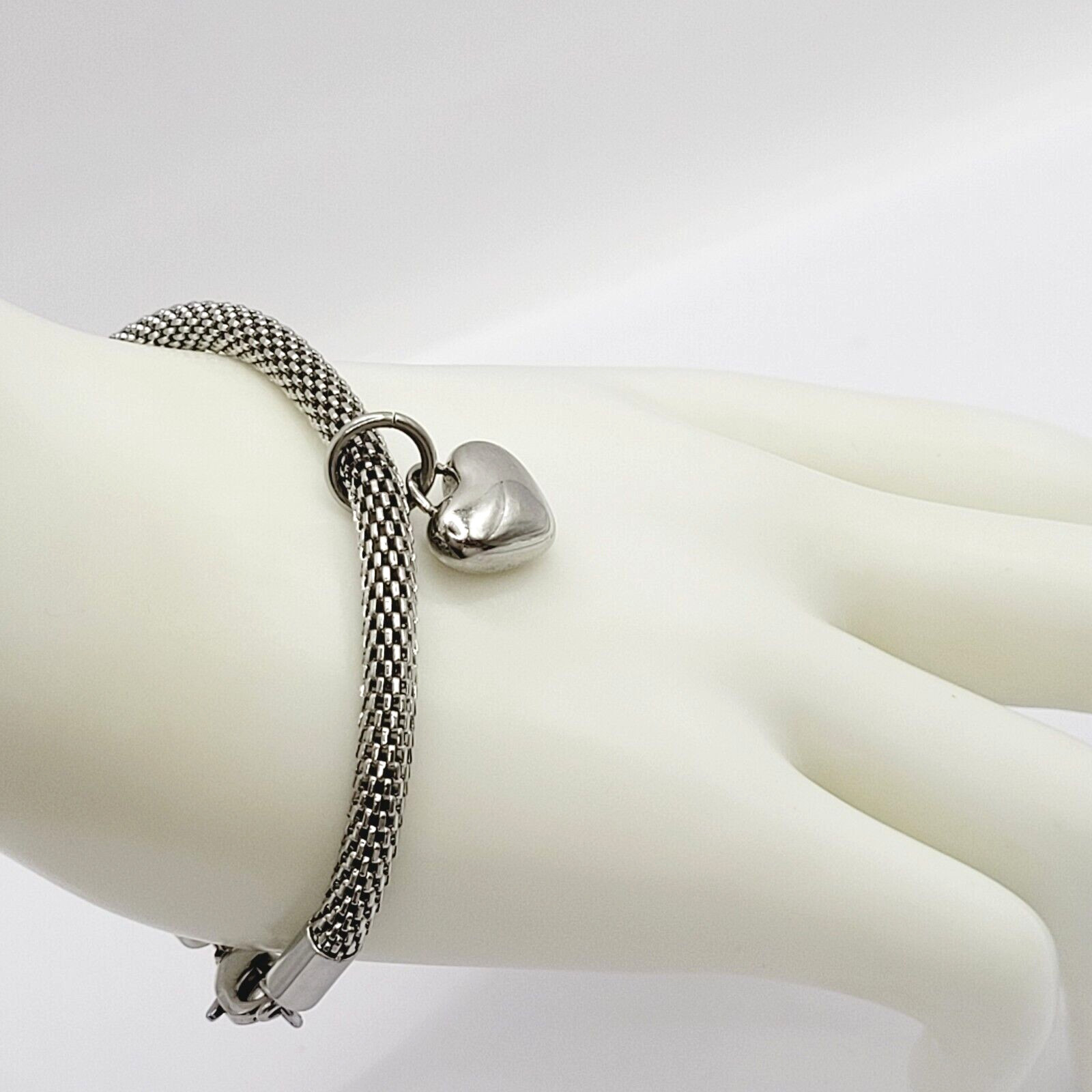 Puffy Heart Polished Charm Dangle on Silver Tone Stainless Mesh Bracelet 7 Inch