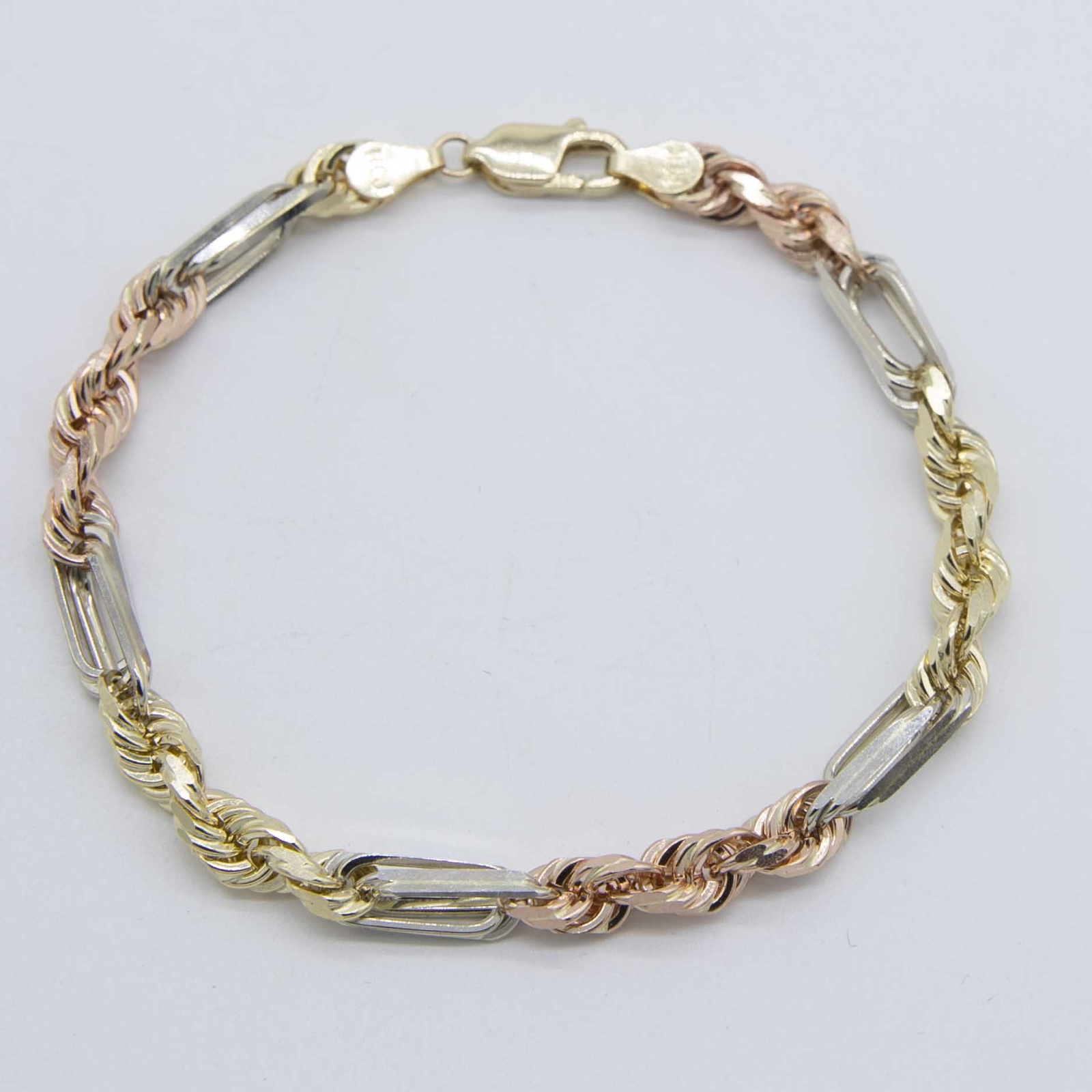 4.5mm Milano Figaro Rope Chain Bracelet Real 14K Tricolor Gold 8″