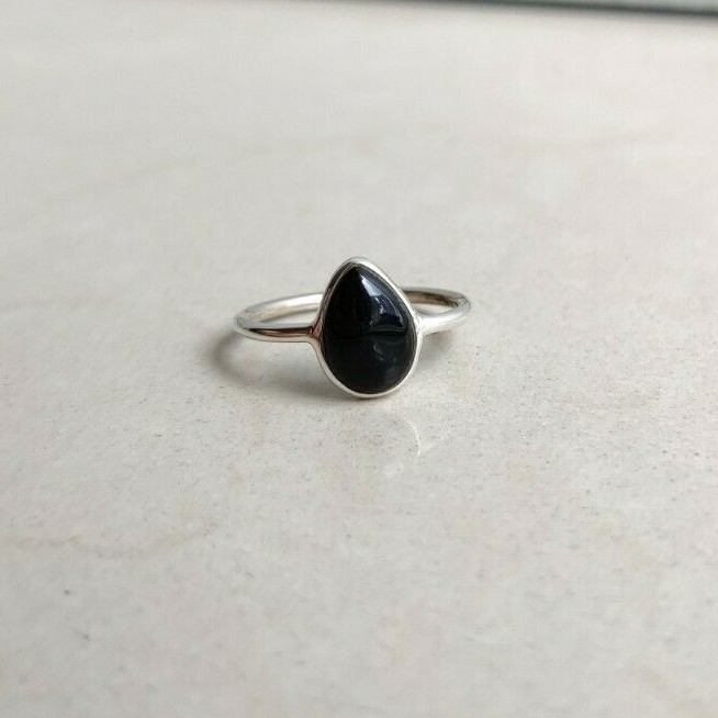 Handmade Black Onyx Ring 925 Silver Natural pear gemstone Stacking Women Rings